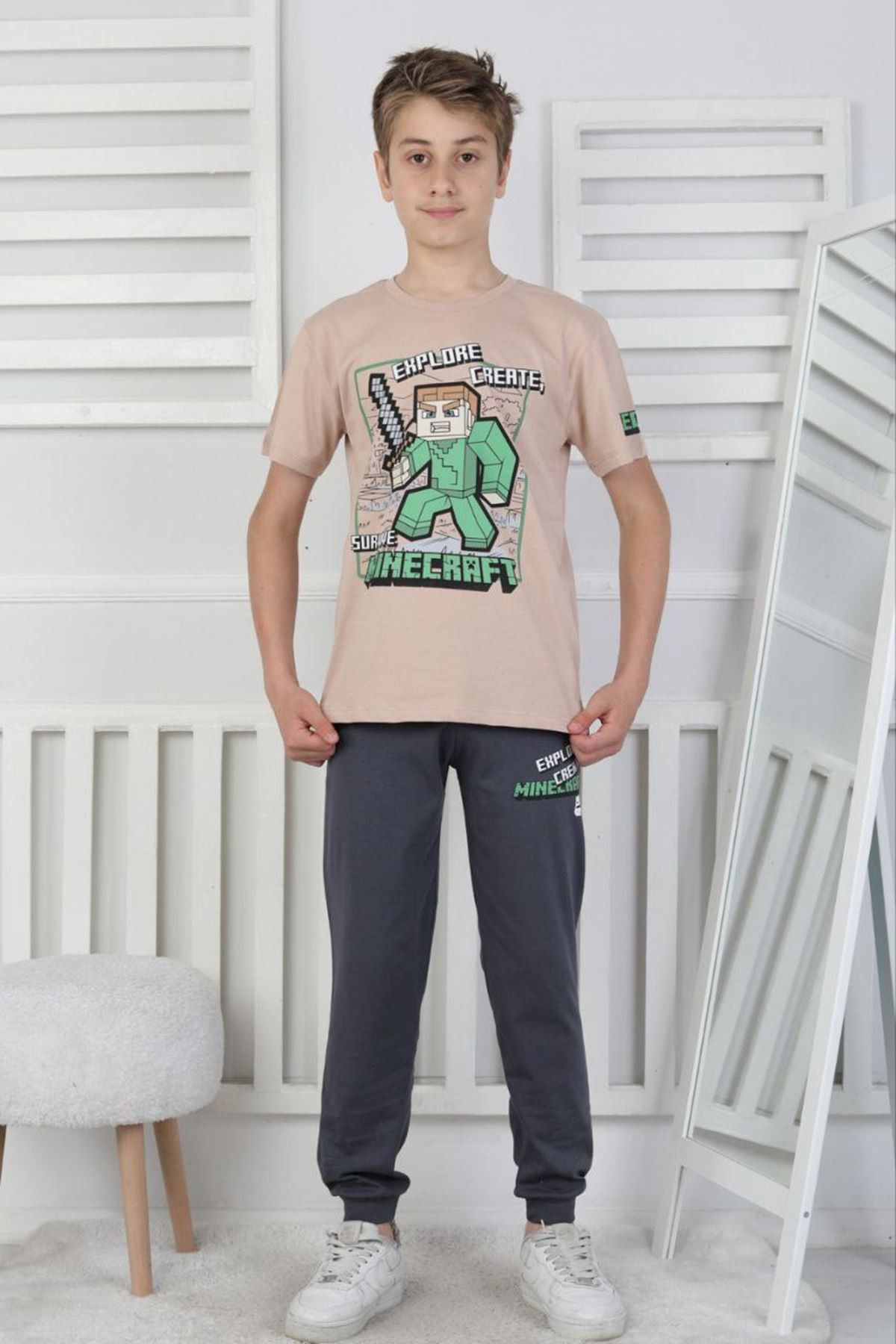 İSOB Bej Minec Desenli %100 Pamuk Kısa Kollu Erkek Çocuk Pijama Takımı 8-13 Yaş 41512-BE