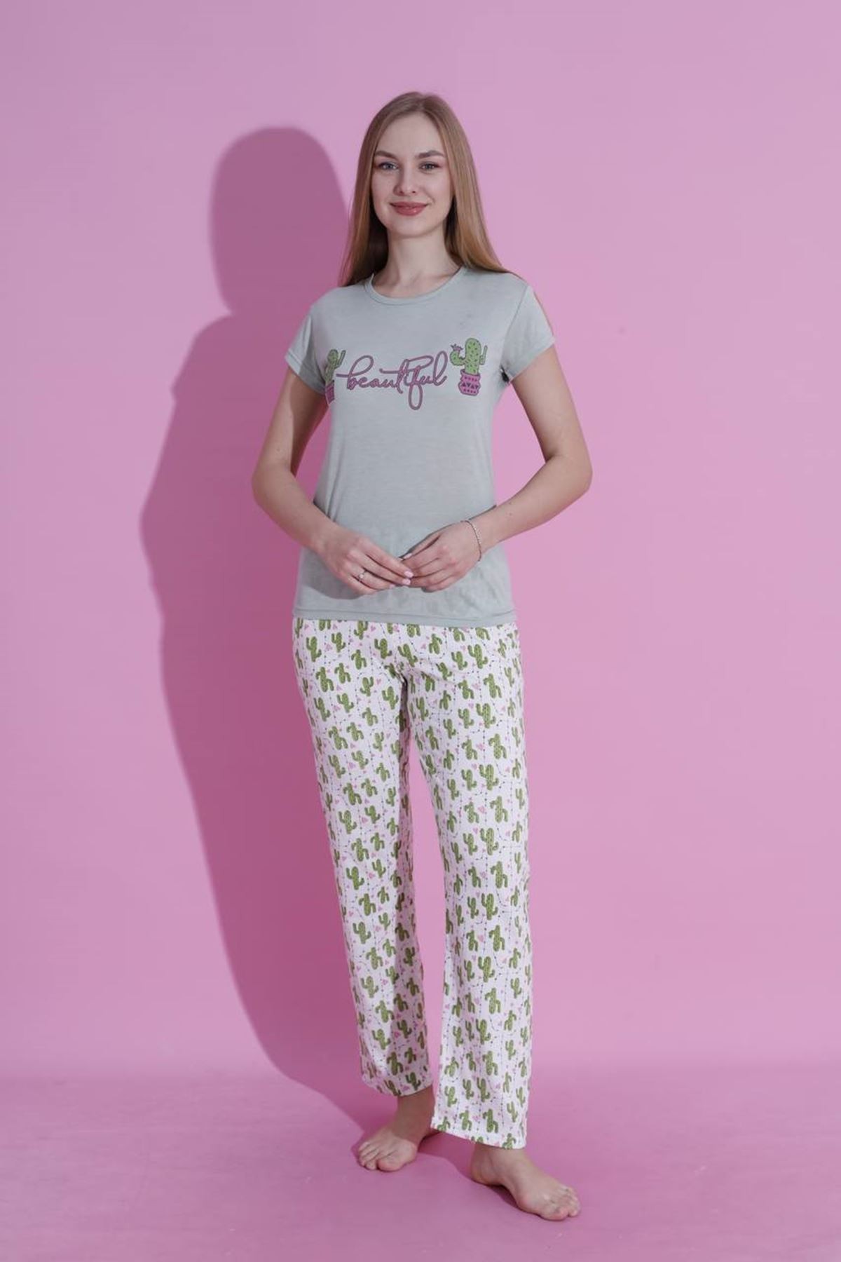 MLALE Beaitiful Desenli Suprem Kumaş Kısa Kollu Bayan Pijama Takımı 3445-Y