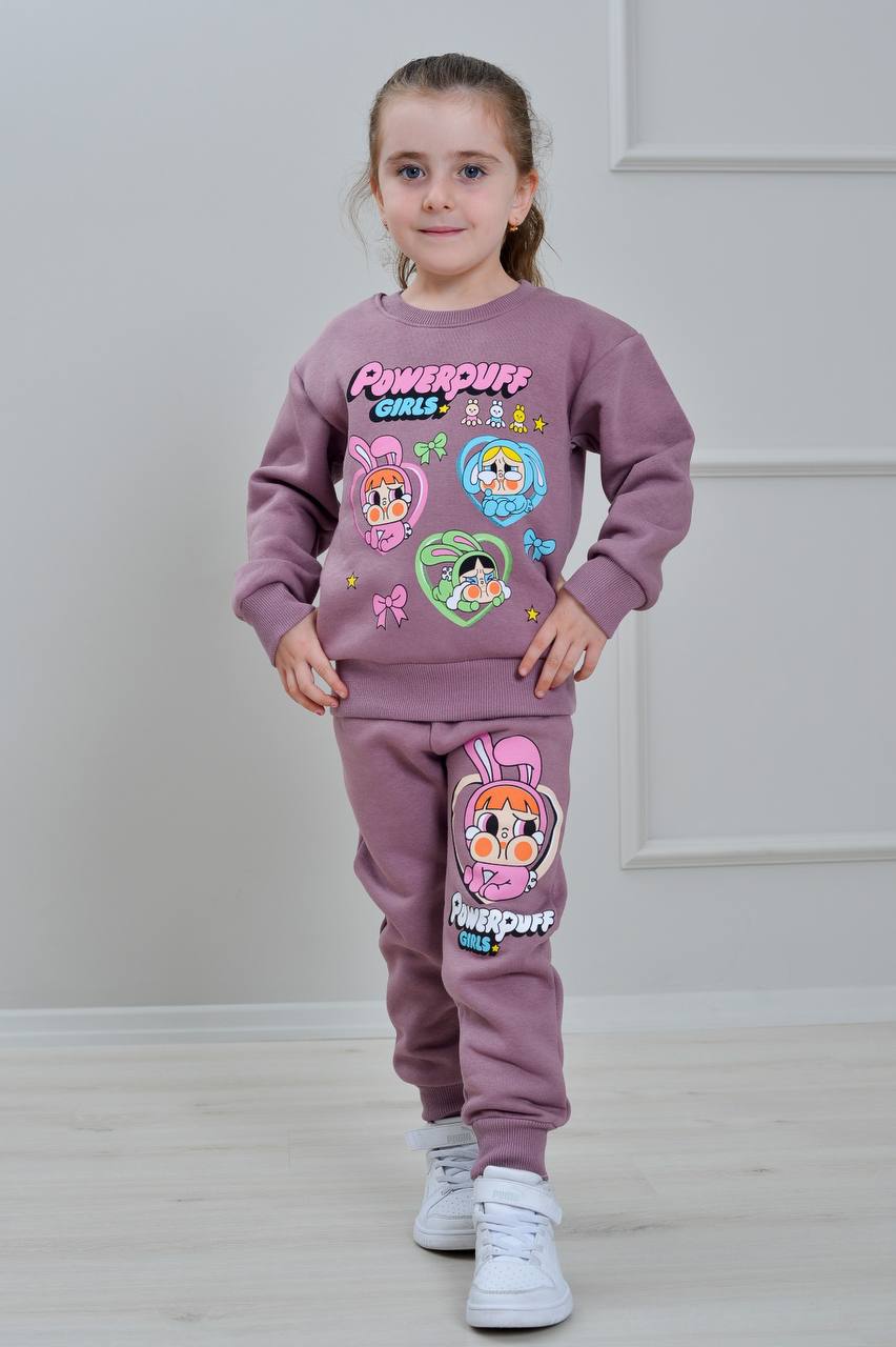 PJK3İ Powerpuff Desenli 3 İp Şardonlu %100 Pamuk Kız Çocuk Eşofman Takımı 3-10 Yaş 8285 - GÜL KURUSU