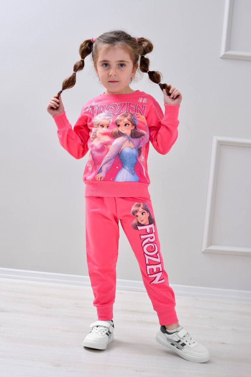 PJK2İ Frou Desenli 2 İp %100 Pamuk Kız Çocuk Eşofman Takımı 3-10 Yaş 6408 - FUŞYA