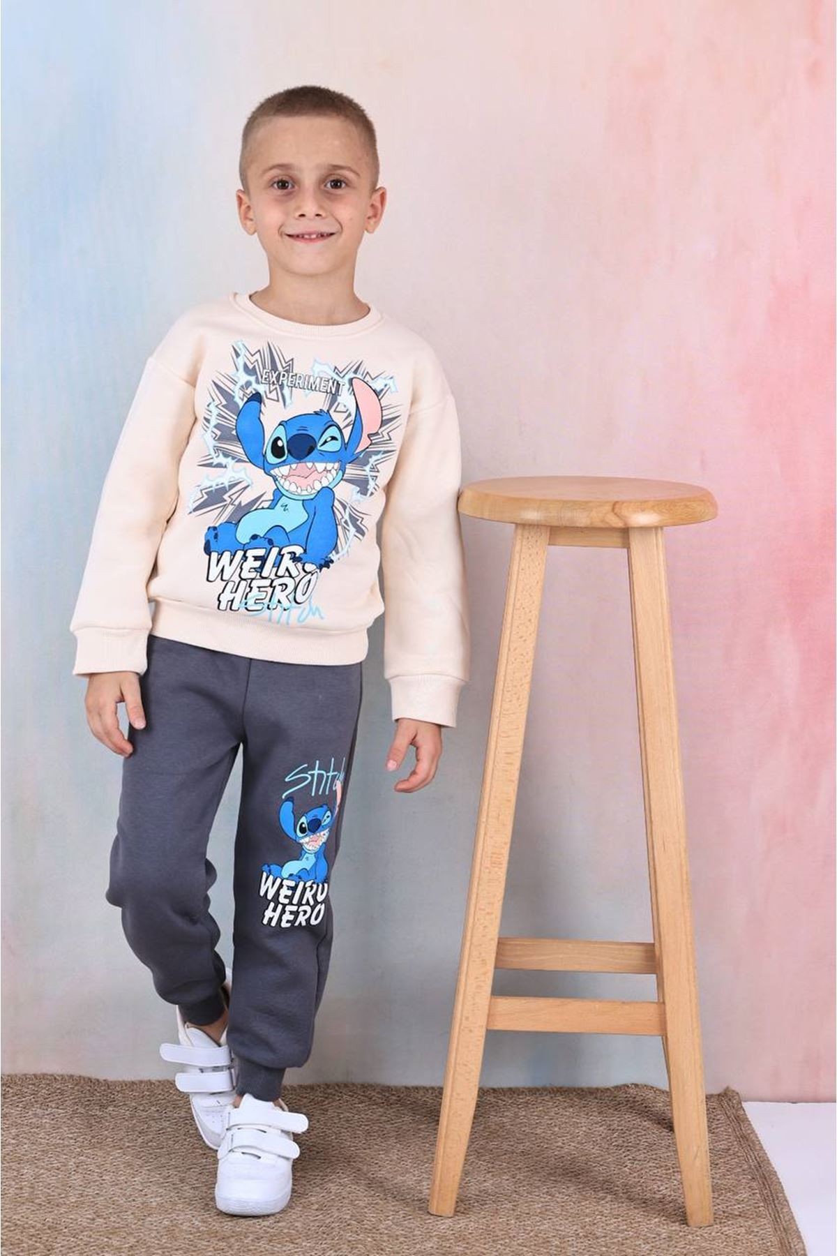 PJK3İ Hero Stitch Desenli Füme 3 İp Şardonlu %100 Pamuk Erkek Çocuk Eşofman Takımı 3-10 Yaş 7361-F