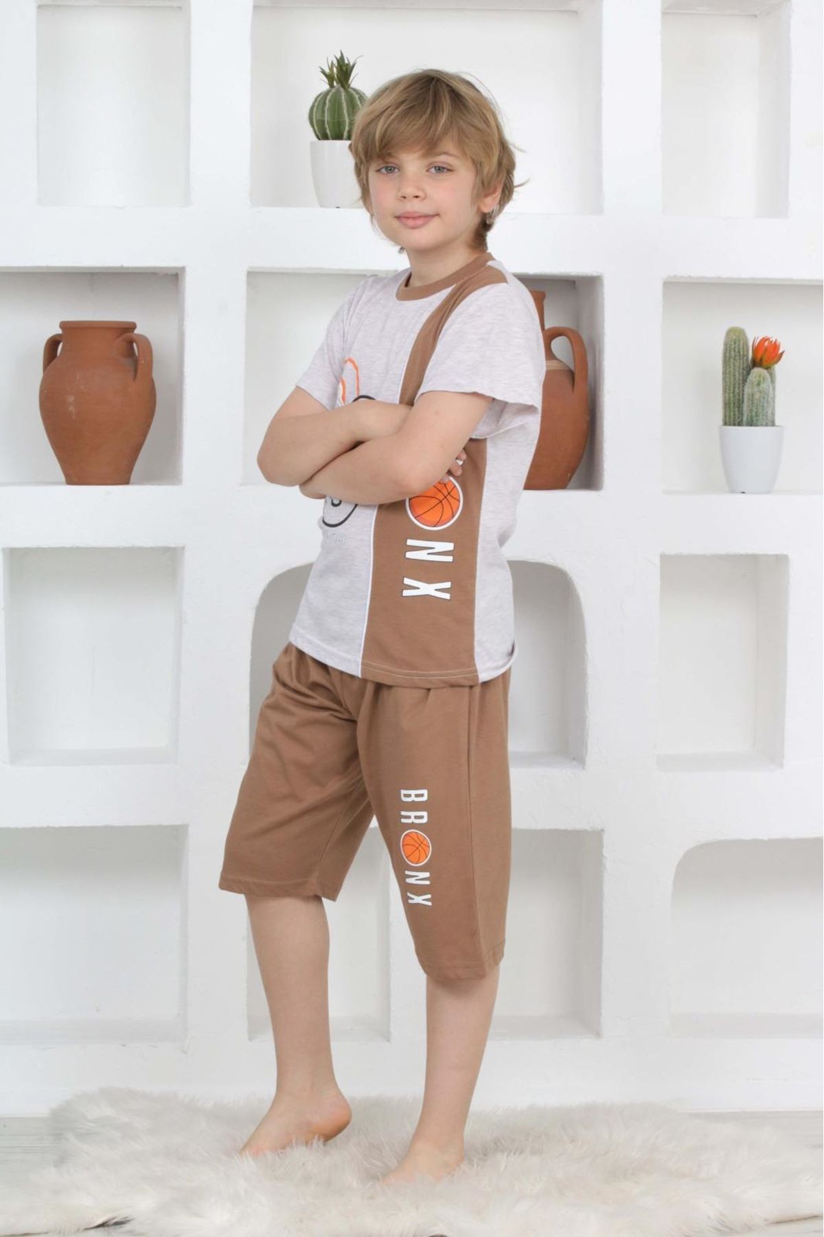 KAPİP Kahverengi Basketball Baskılı Kısa Kollu Kaprili Erkek Çocuk Pijama Takımı 11-15 Yaş 5104-K