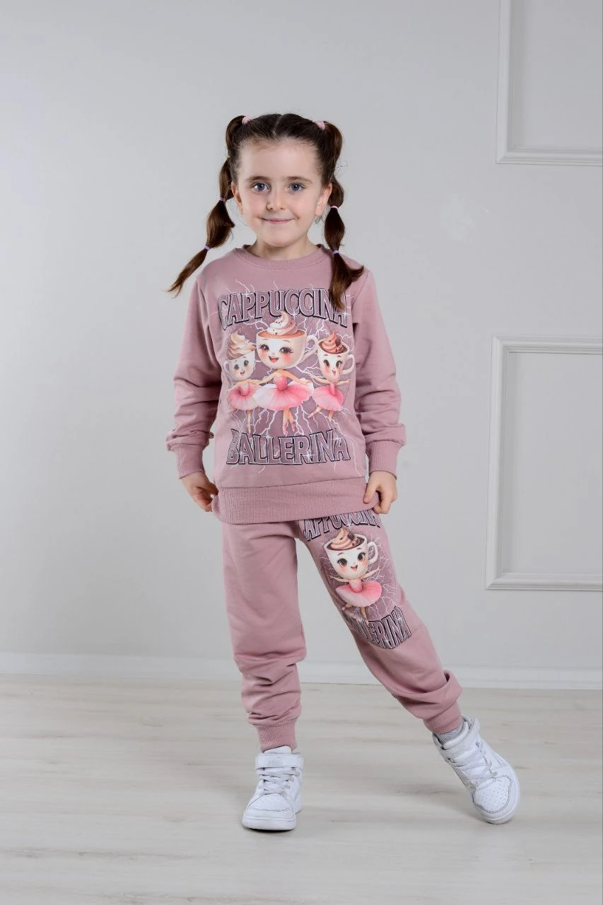 PJK2İ Cappuccına Desenli 2 İp %100 Pamuk Kız Çocuk Eşofman Takımı 3-10 Yaş 6412 - GÜL KURUSU