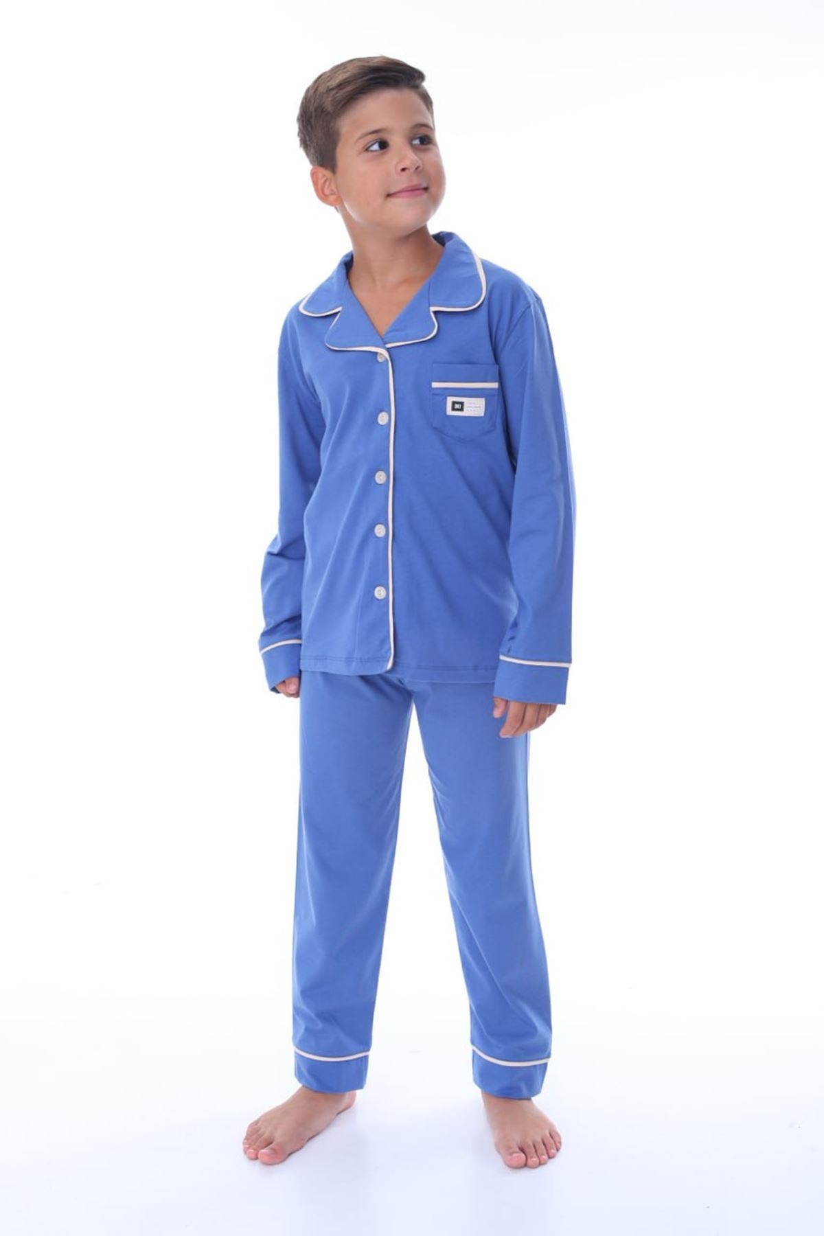 İSOB Mavi Önden Düğmeli %100 Pamuk Erkek Çocuk Pijama Takımı 8-13 Yaş 36201-M