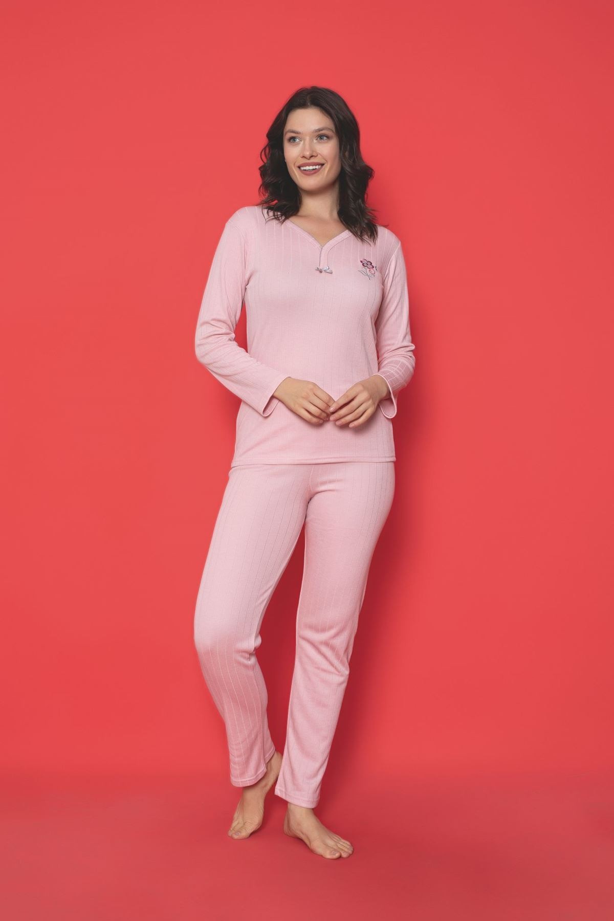 MLALE Pudra Kalın Raporlu İnterlok Bayan Pijama Takımı 1389