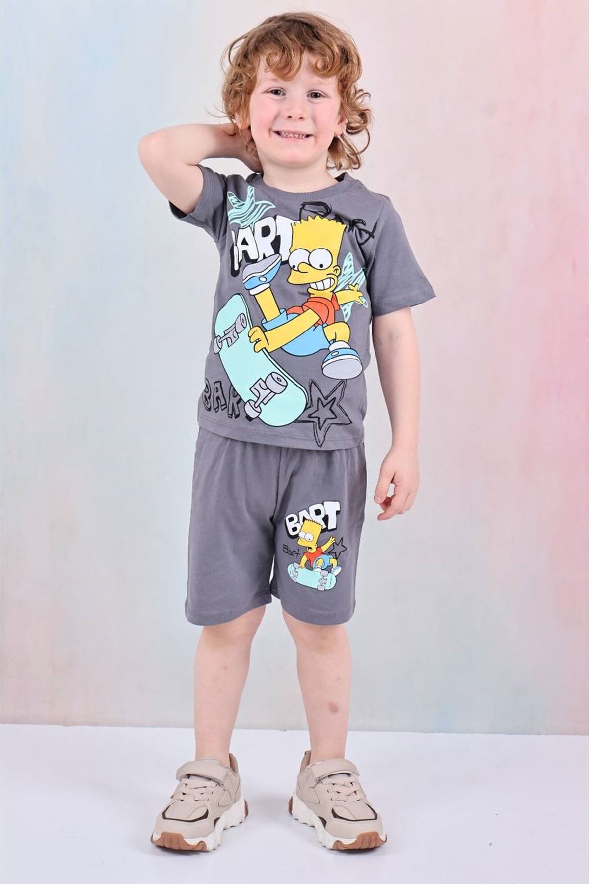 PJKSKT Simpson Desenli Füme Şortlu Erkek Çocuk Kısa Kol Takım 7616-F