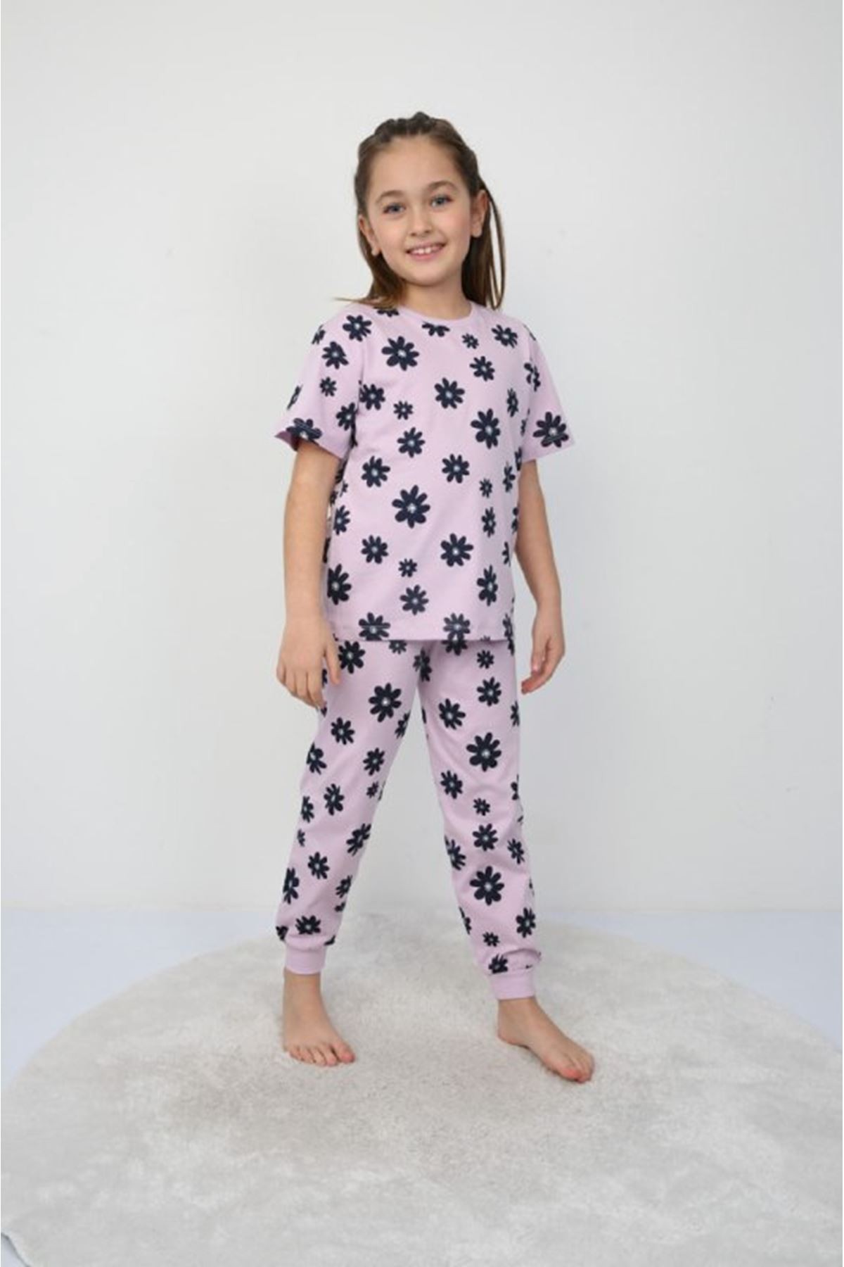 İSOB Lila Çiçek Desenli %100 Pamuk Kız Çocuk Kısa Kollu Pijama Takımı 3-8 Yaş 21209-L