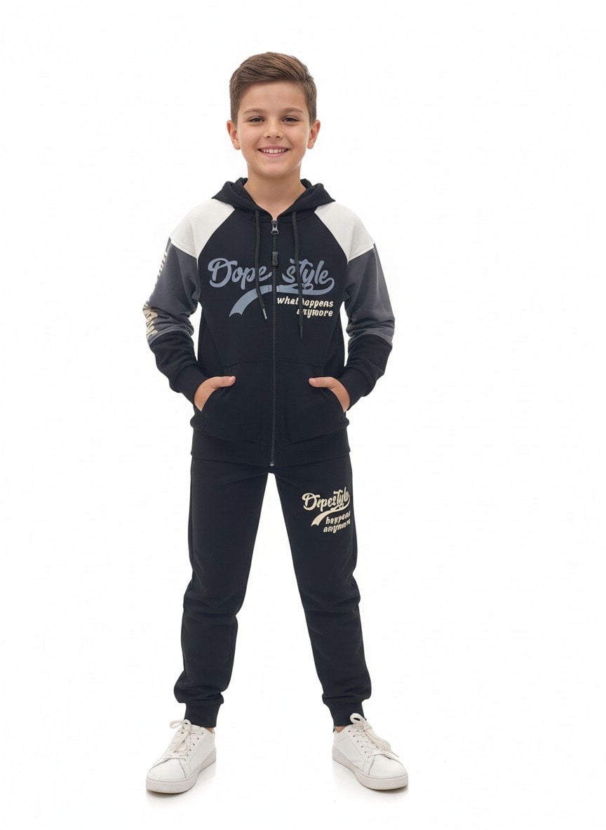 YUKO2İ Dope Style Desenli 2 İp Kumaş Kapşonlu Erkek Çocuk Eşofman Takımı 9-16 Yaş 30027-40027 - SİYAH