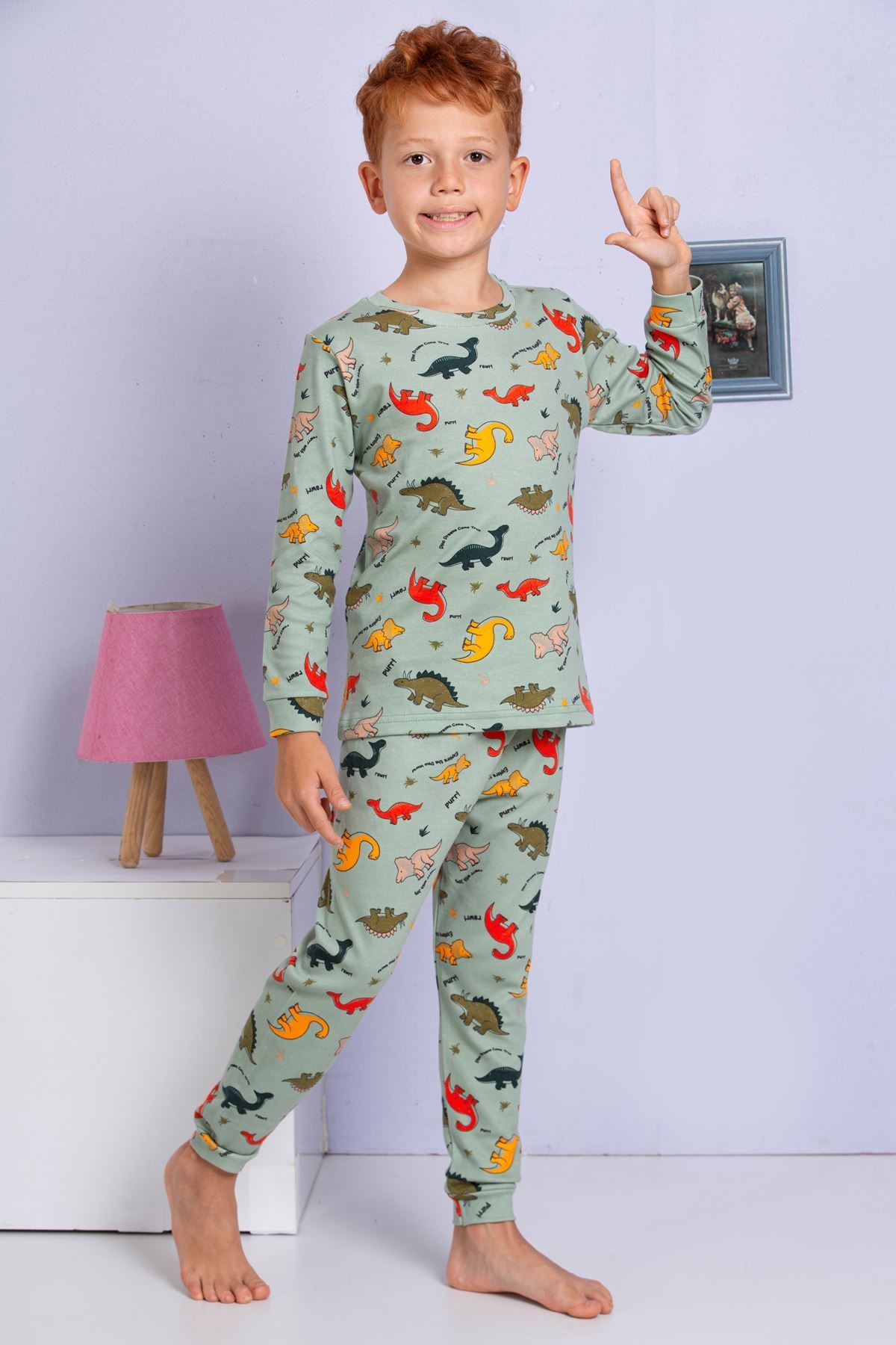ELMP Yeşil Dinazor Desenli %100 Pamuk Erkek Çocuk Pijama Takımı 1-13 Yaş 3057