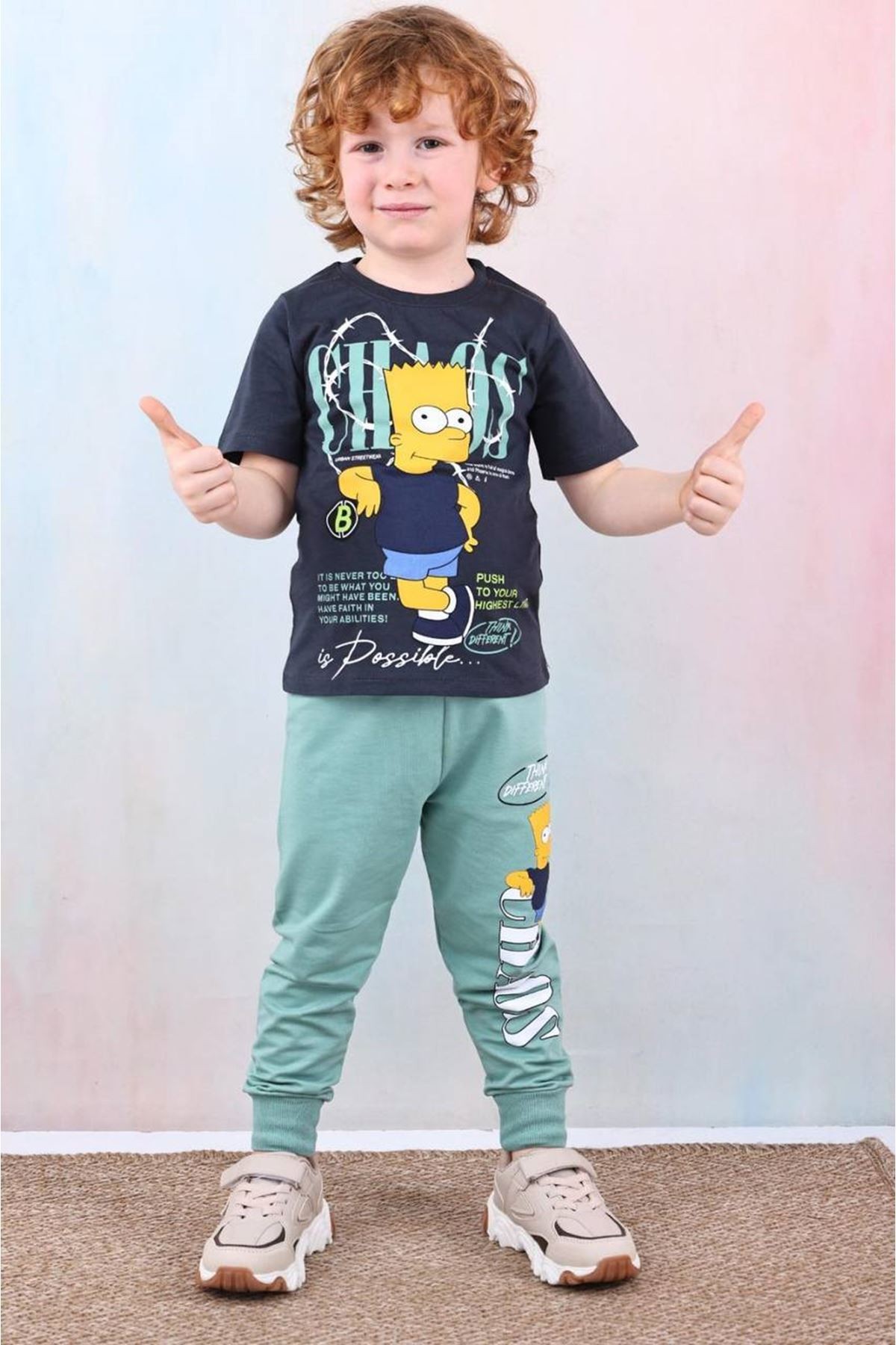 PJKKE Simpson Desenli Yeşil Eşofmanlı Erkek Çocuk Kısa Kol Takım 3-10 Yaş 7492-Y