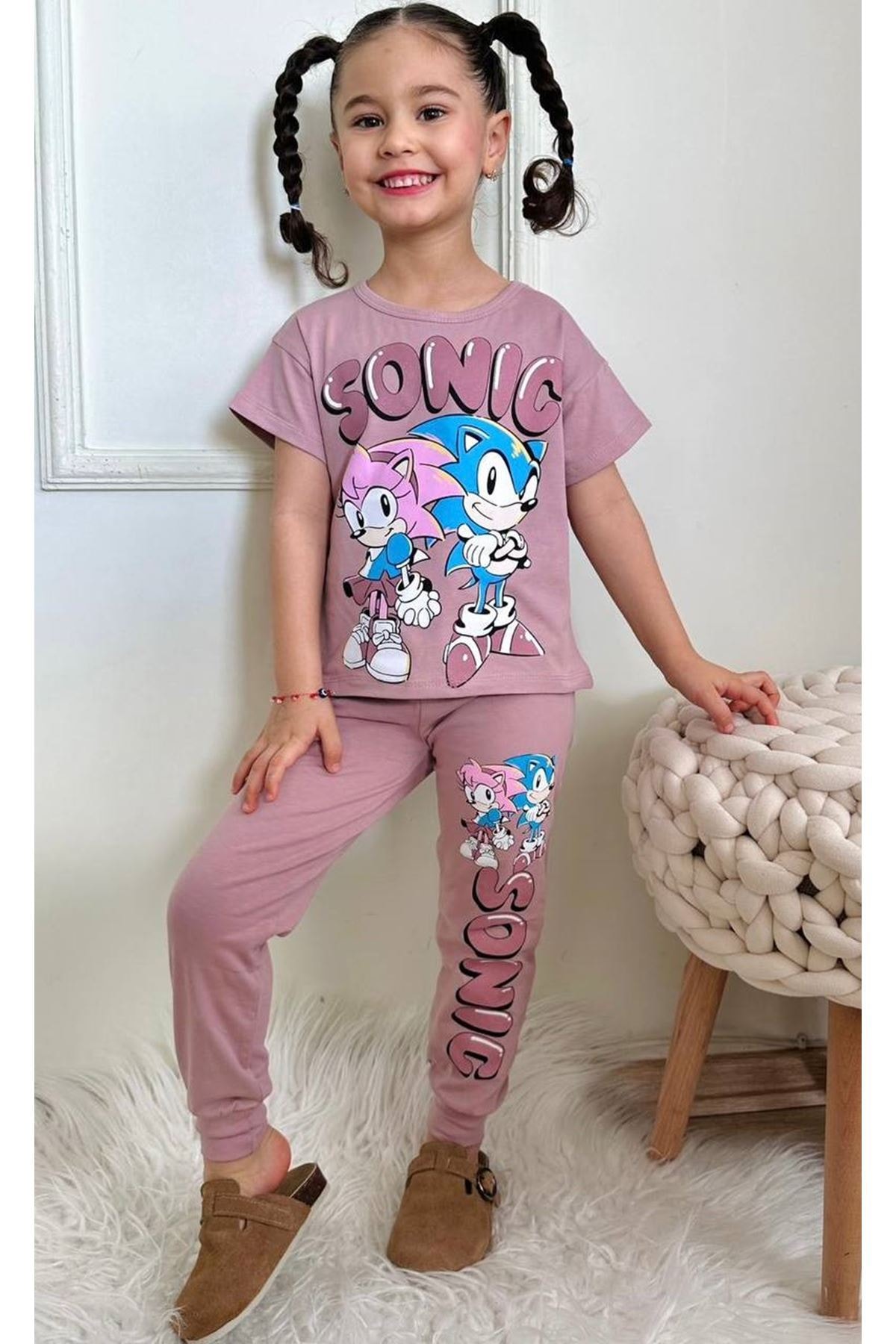 PJKKE Sonic Desenli Gül Kurusu Eşofmanlı Kız Çocuk Kısa Kol Takım 3-10 Yaş 7431-GK