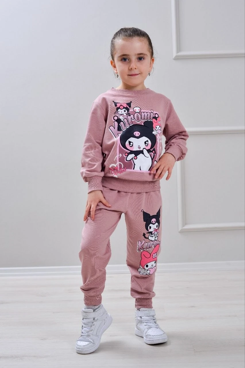 PJK2İ Kuromi Desenli 2 İp %100 Pamuk Kız Çocuk Eşofman Takımı 3-10 Yaş 6427 - GÜL KURUSU