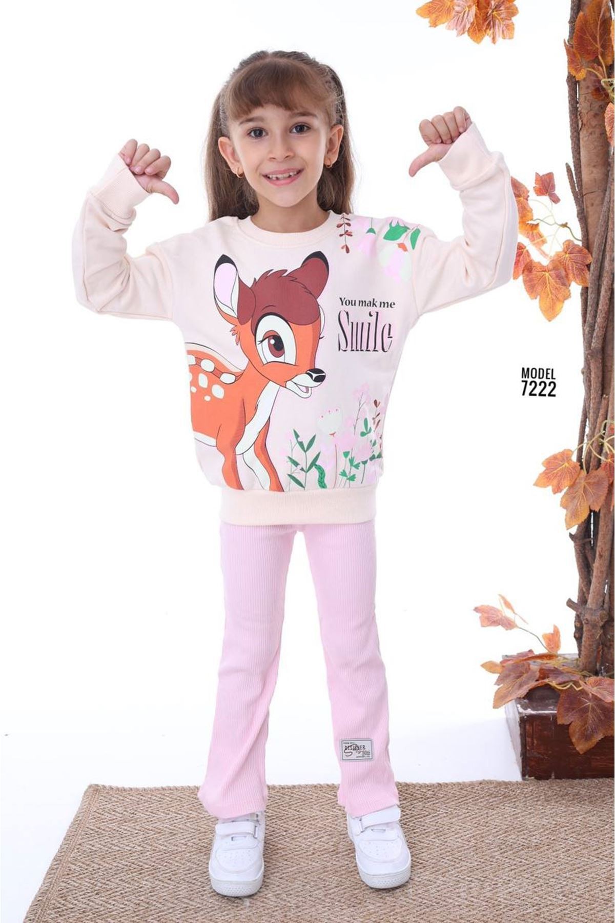 PJK2İ BMB Desenli Pembe Fitilli Taytlı 2 İp %100 Pamuk Kız Çocuk Takımı 3-10 Yaş 7222-P