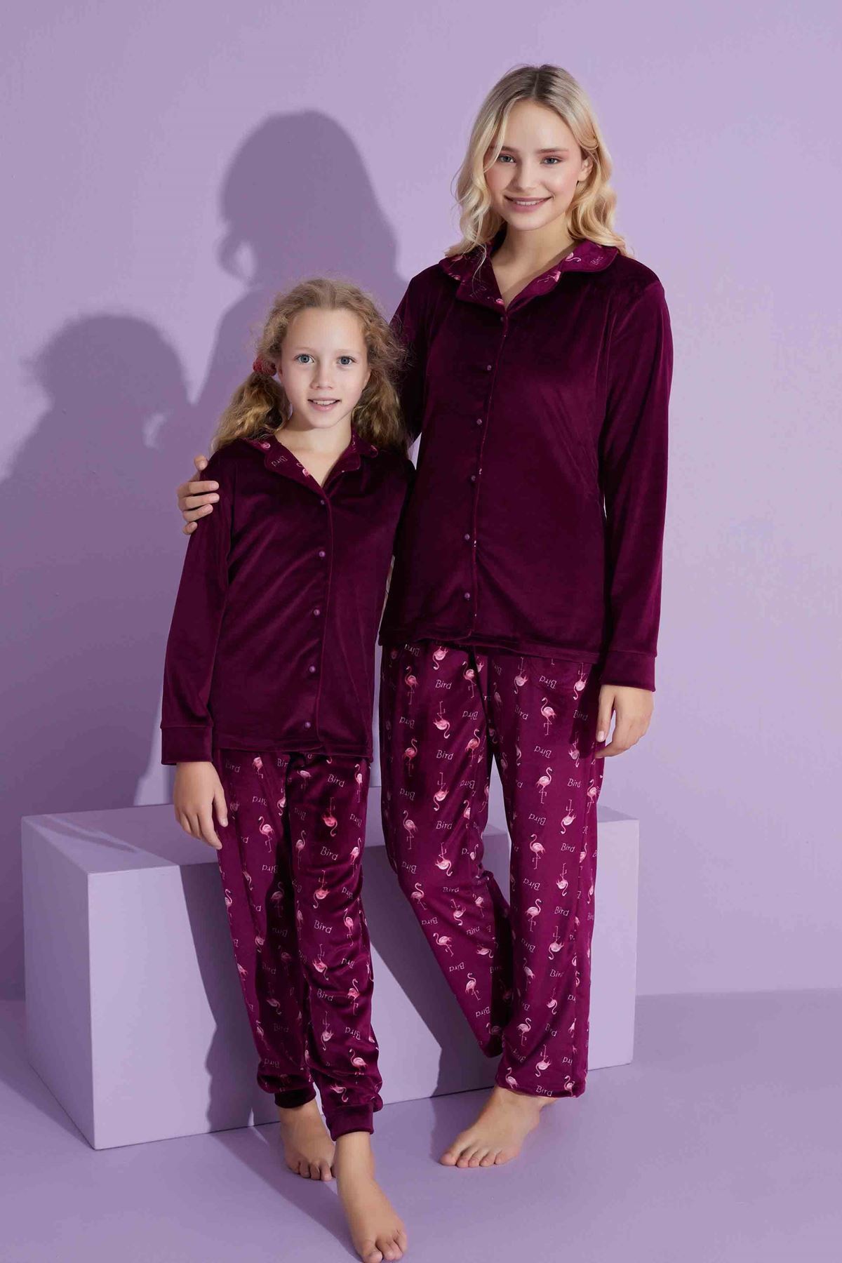 TARP Bordo Kadife Önden Düğmeli Kız Çocuk Pijama Takımı 5-15 Yaş 2799-2800-B