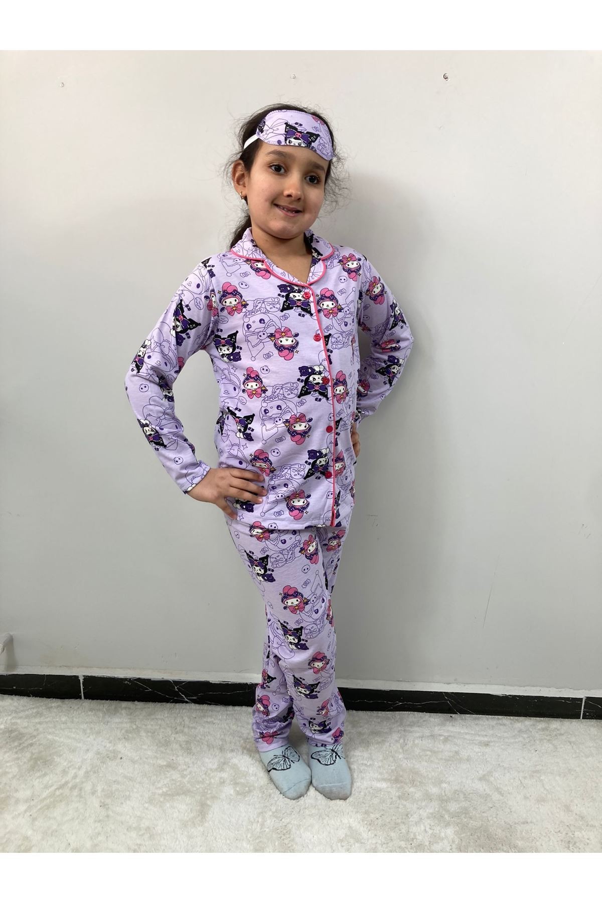 PJKÖ Kuromi ve Arkadaşları Desenli Lila Uzun Kollu Önden Düğmeli Kız Çocuk Pijama Takımı 4-12 Yaş 539U-L