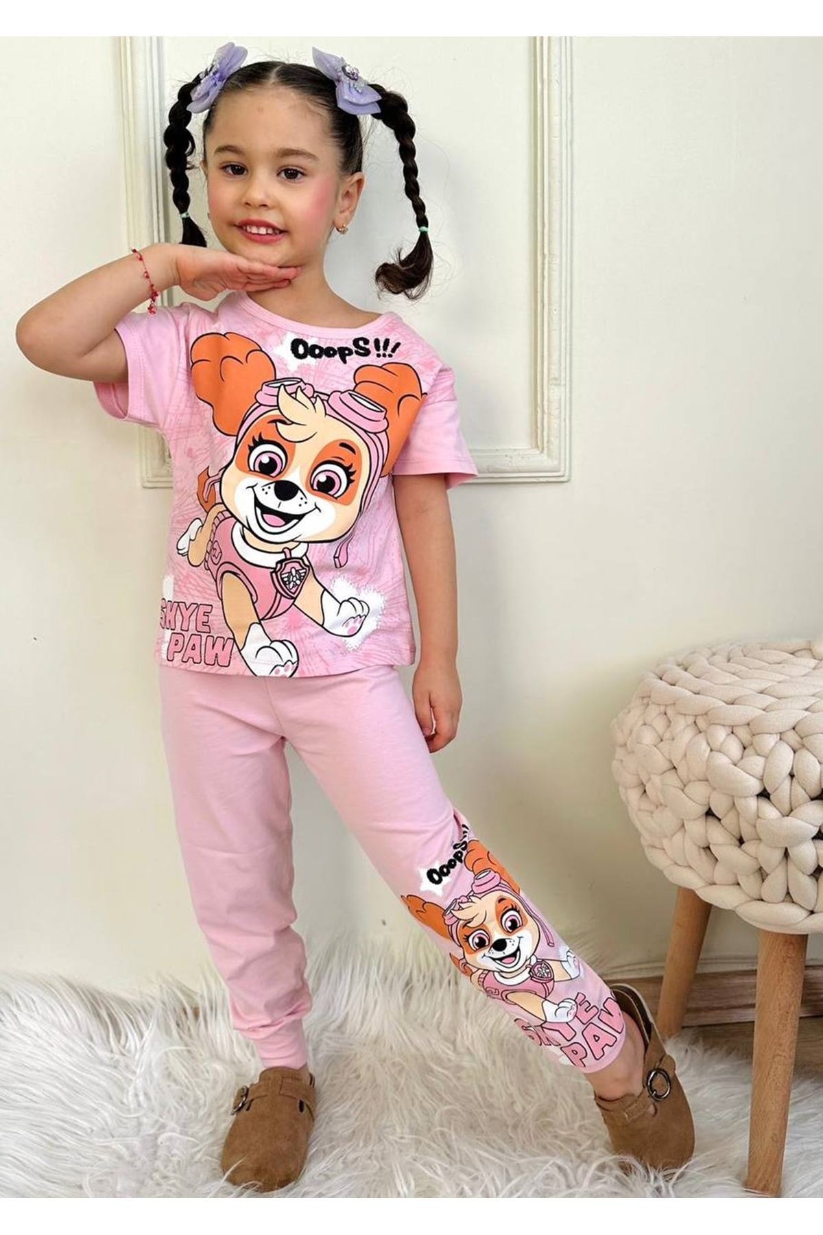 PJKKE Paw Petrol Desenli Pembe Eşofmanlı Kız Çocuk Kısa Kol Takım 3-10 Yaş 7436-P