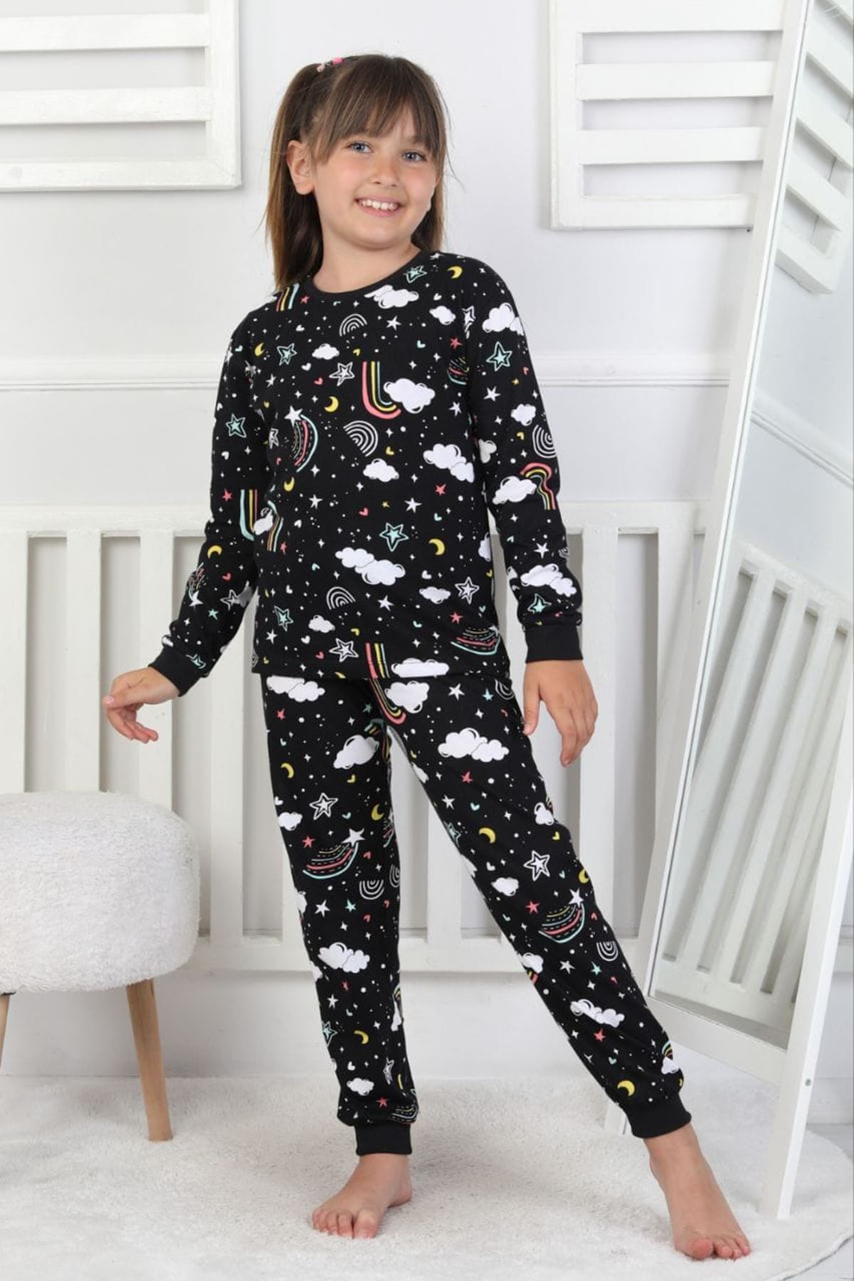 İSOB Siyah Gökkuşağı Desenli %100 Pamuk Kız Çocuk Pijama Takımı 3-8 Yaş 51207-S