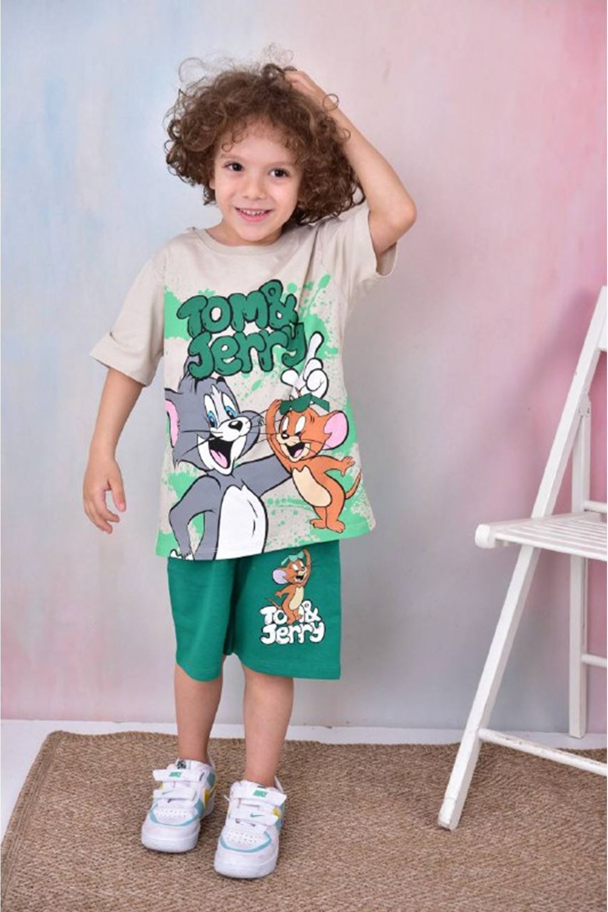 PJKSKT Tom&Jerry Desenli Yeşil Şortlu Erkek Çocuk Kısa Kol Takım 7601-Y