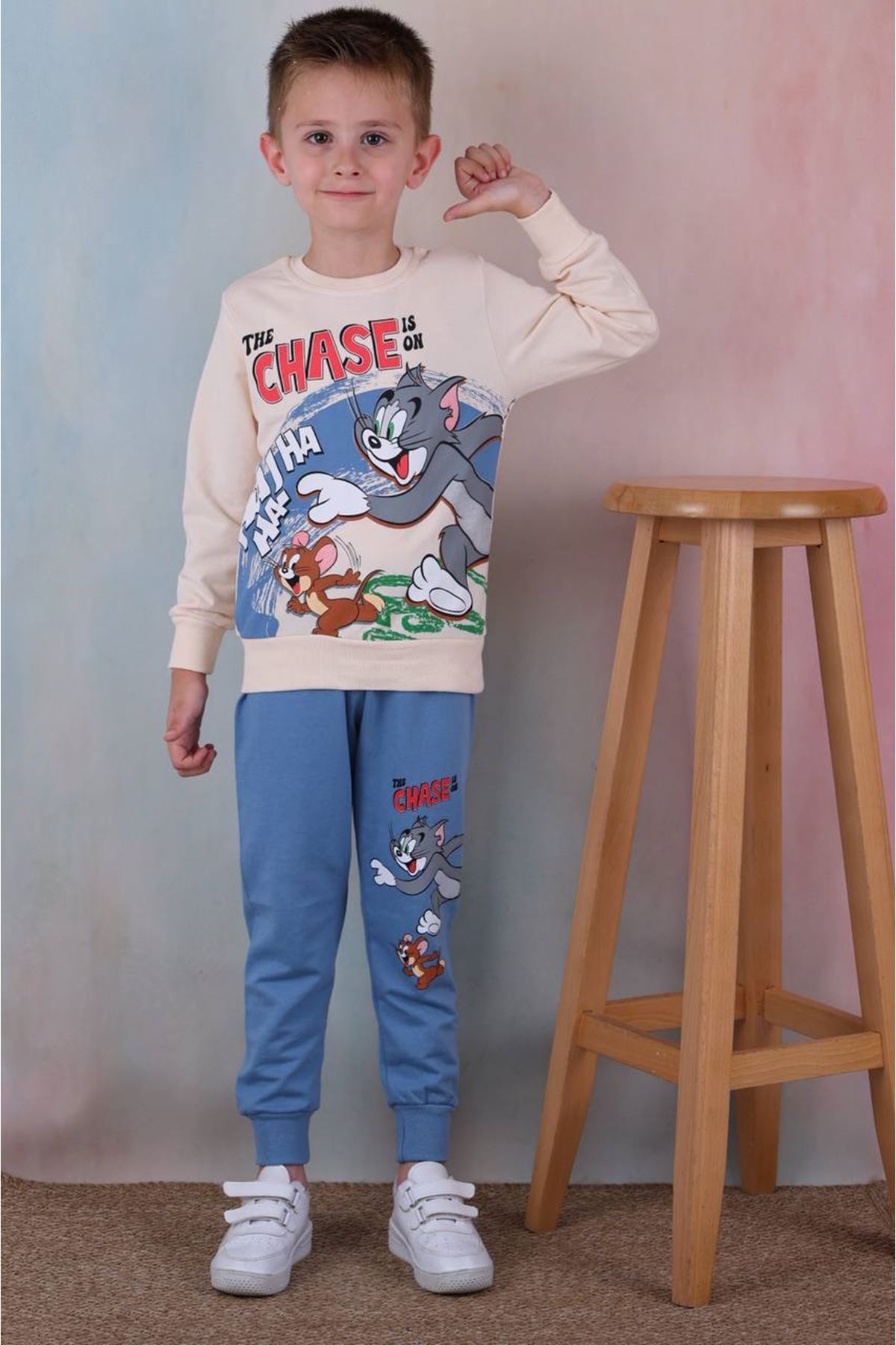 2PJK2İ Tom&Jerry Desenli Mavi 2 İp %100 Pamuk Erkek Çocuk Eşofman Takımı 3-10 Yaş 7239-M
