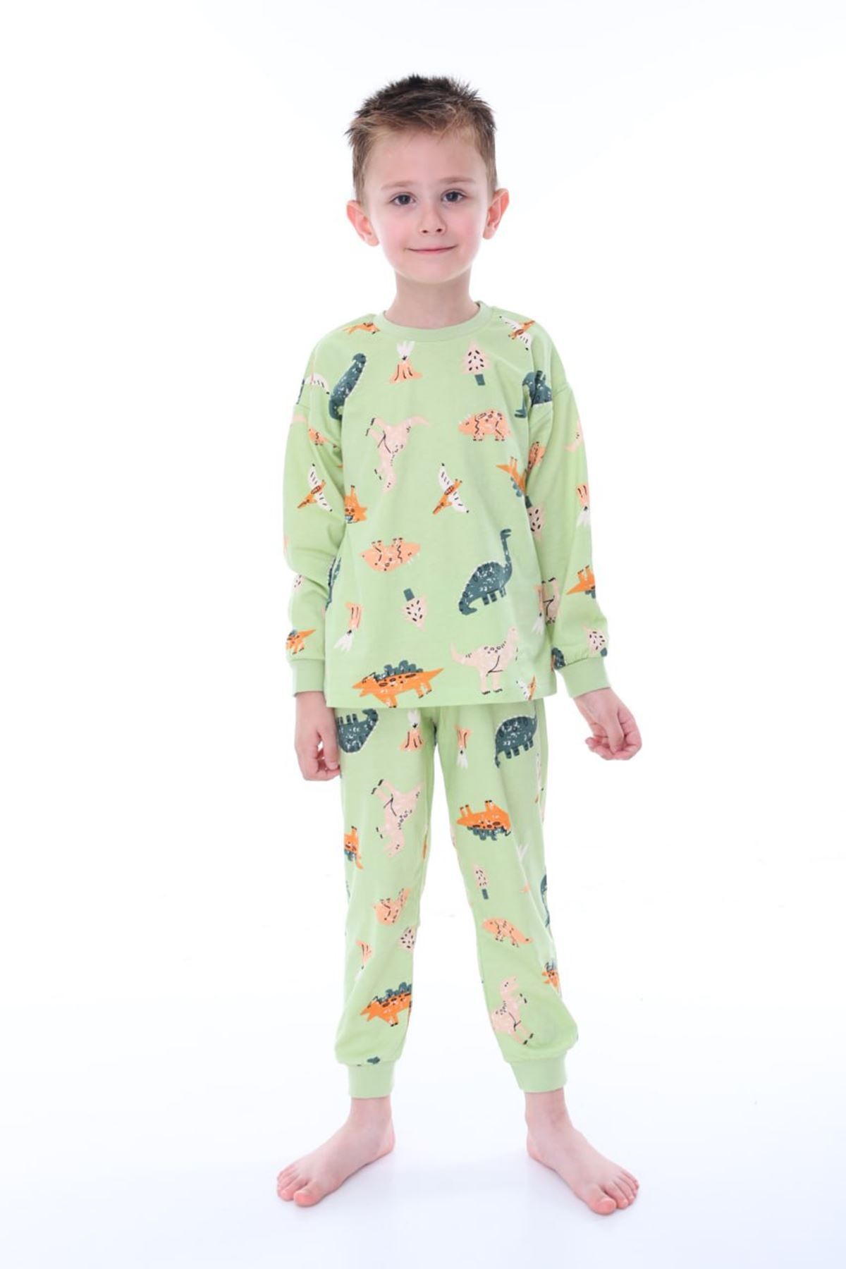 İSOB Yeşil Dinazor Desenli %100 Pamuk Erkek Çocuk Pijama Takımı 3-8 Yaş 32220-Y