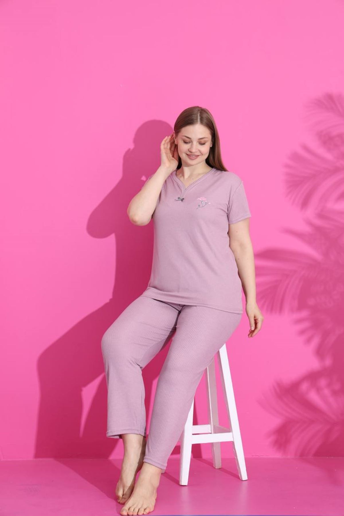 MLALE Gül Kurusu Fitilli İnce Raporlu Kumaş Kısa Kollu Bayan Pijama Takımı 4065-GK