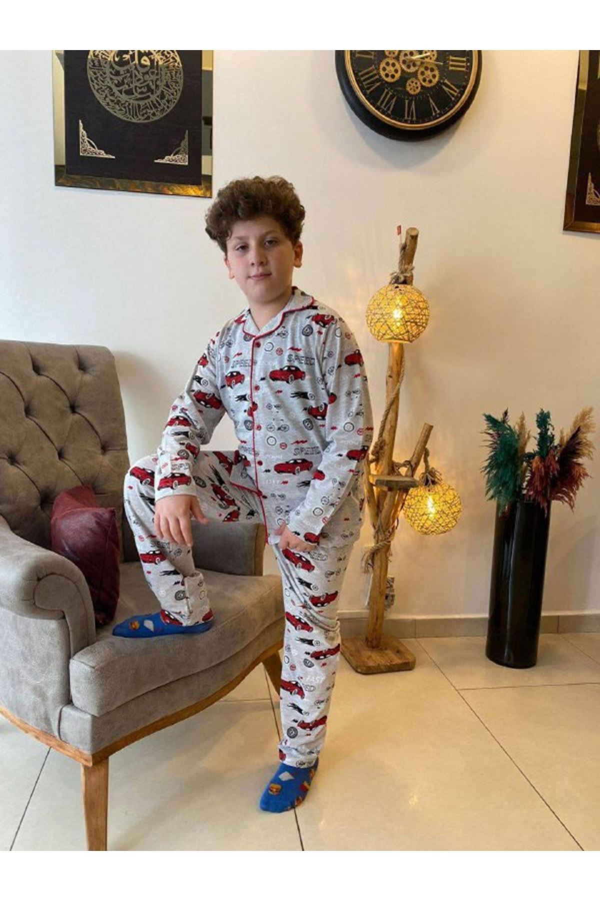 PJKÖ Araba Desenli Mavi Uzun Kollu Önden Düğmeli Erkek Çocuk Pijama Takımı 4-12 Yaş 703U
