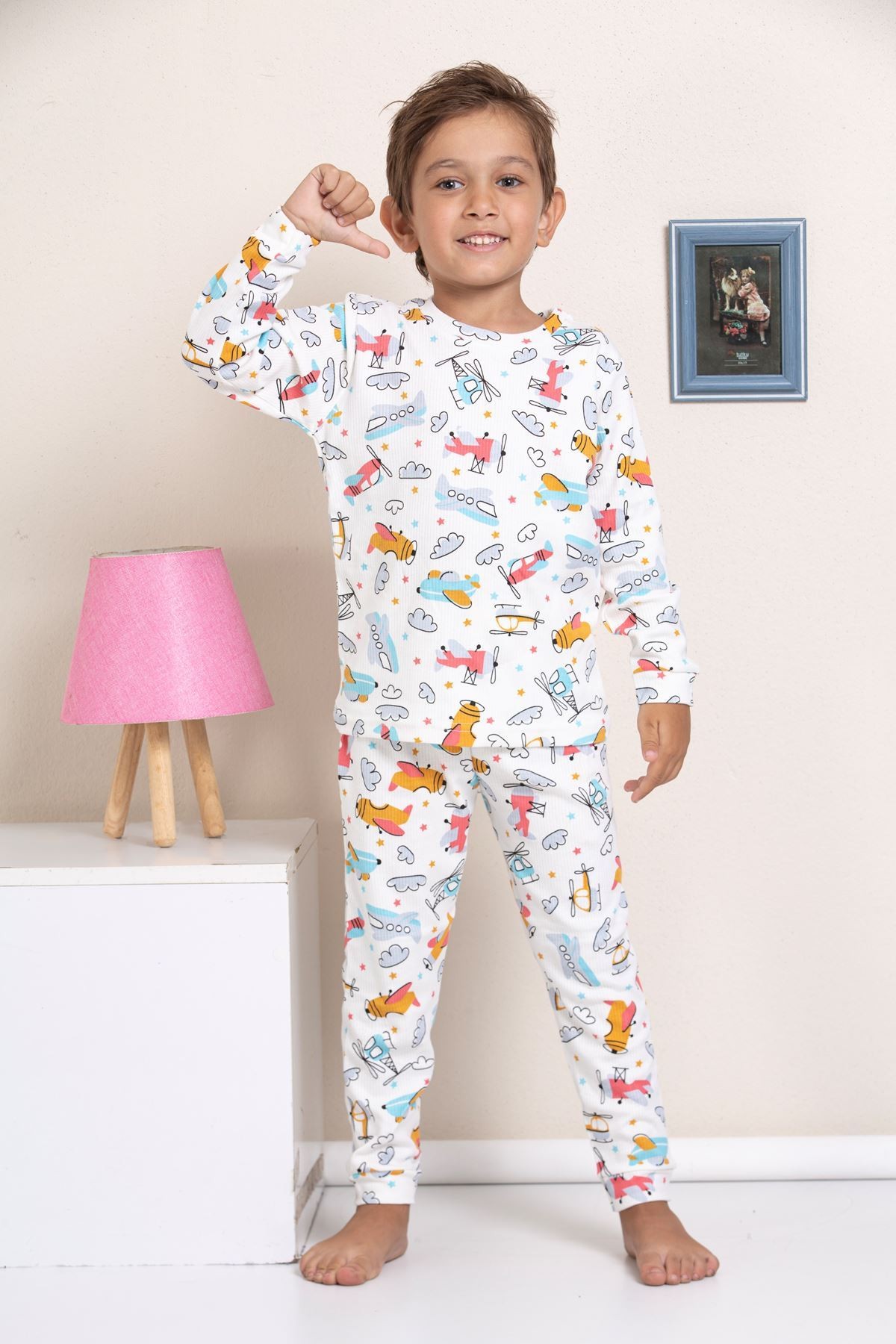 ELMP Ekru Helikopter Desenli Fitilli Kumaş %100 Pamuk Erkek Çocuk Pijama Takımı 1-13 Yaş 3051