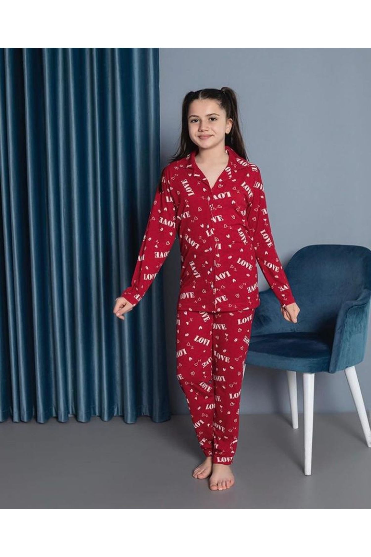 Işılay Selen Garson Bordo Love Desenli Uzun Kollu Önden Düğmeli Kız Çocuk Pijama Takımı 7-14 Yaş 38004