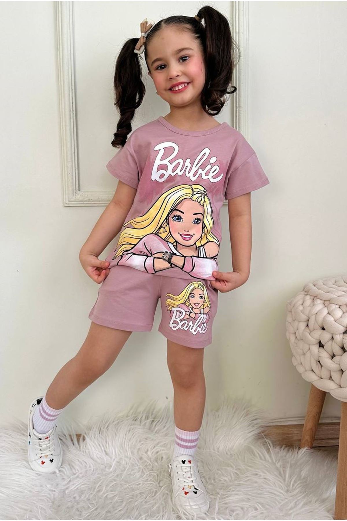 PJKSKT Barbie Desenli Gül Kurusu Şortlu Kız Çocuk Kısa Kol Takım 7565-GK