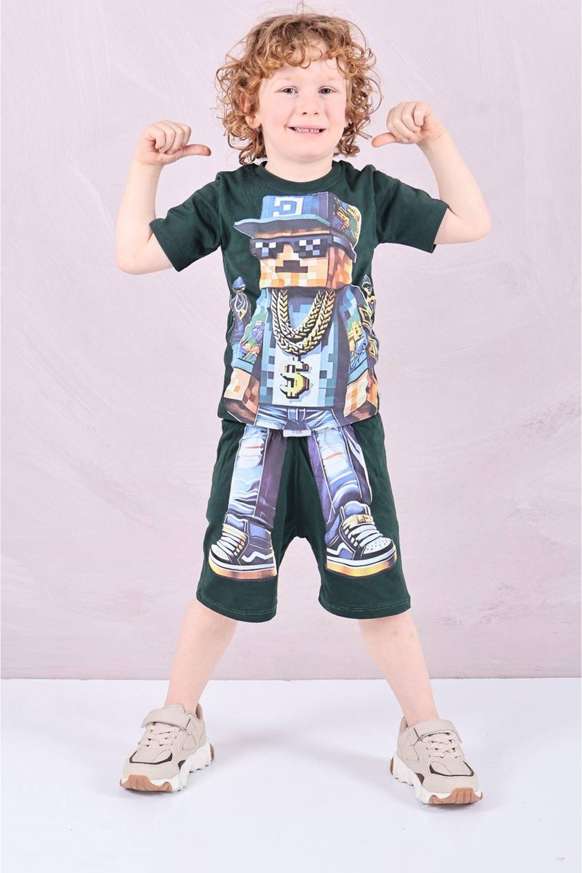 PJKSKT Minec Desenli Koyu Yeşil Şortlu Erkek Çocuk Kısa Kol Takım 7614-KY