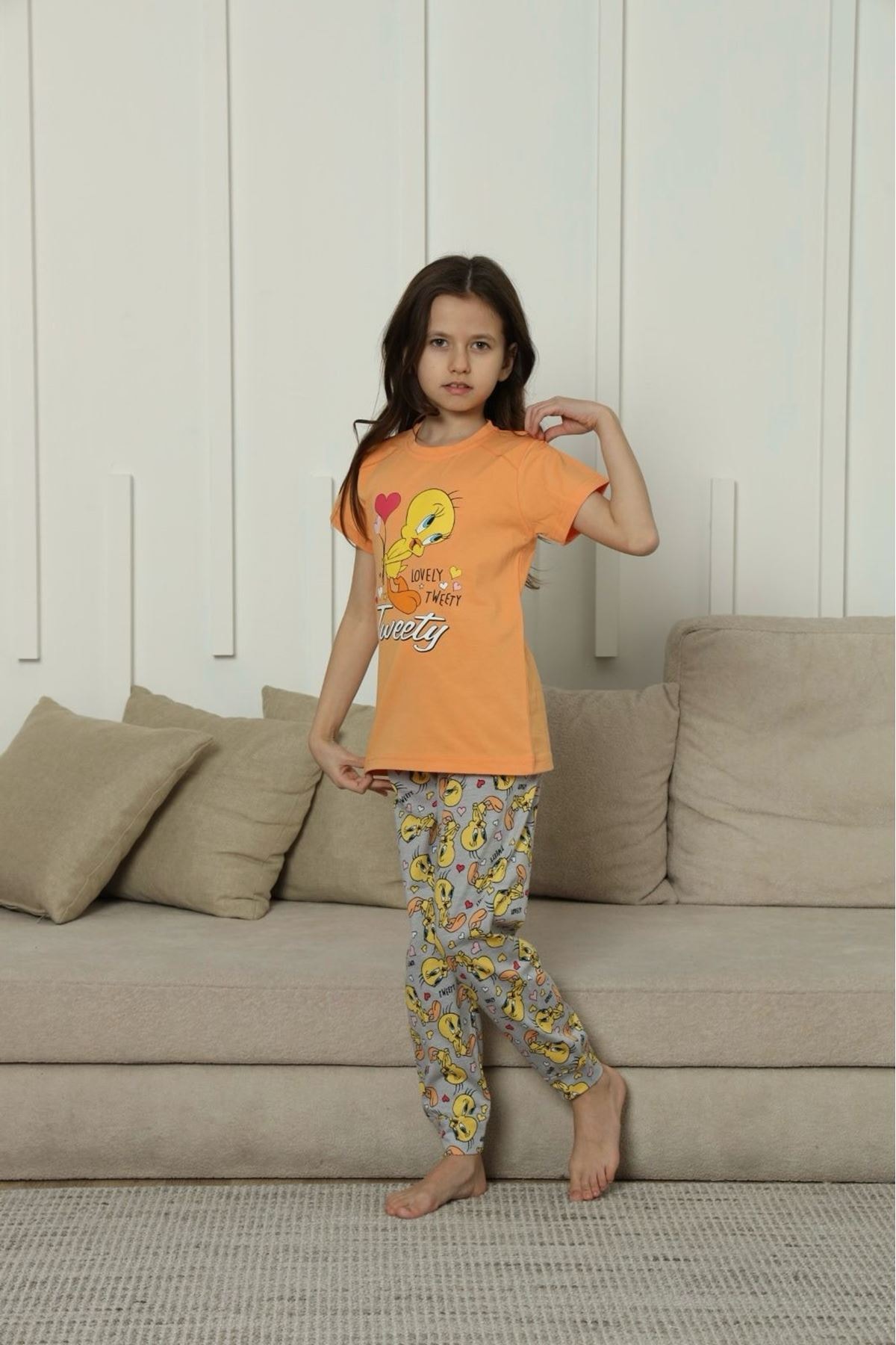 KAPİP Turuncu Tweety Baskılı Kısa Kollu Kız Çocuk Pijama Takımı 11-15 Yaş 8049-T