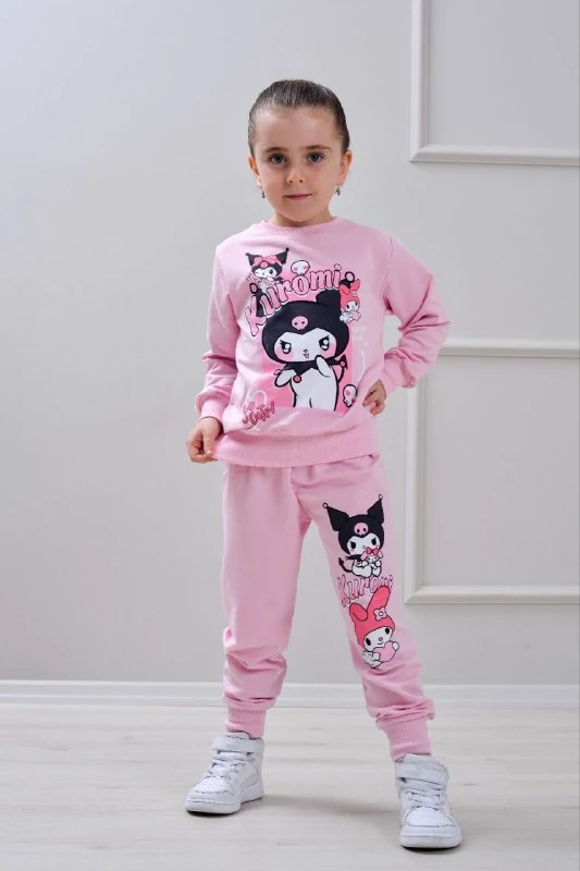 PJK2İ Kuromi Desenli 2 İp %100 Pamuk Kız Çocuk Eşofman Takımı 3-10 Yaş 6427 - PEMBE