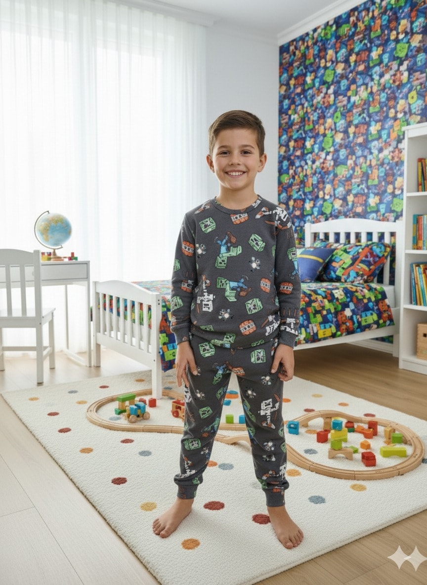 İSOB Minec Desenli İnterlok %100 Pamuk Erkek Çocuk Pijama Takımı 3-13 Yaş 51324