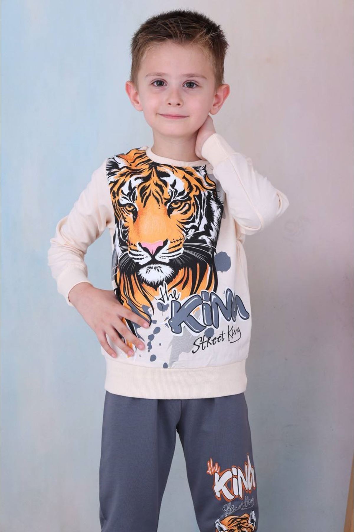 2PJK2İ Tiger Desenli Füme 2 İp %100 Pamuk Erkek Çocuk Eşofman Takımı 3-10 Yaş 7252-F