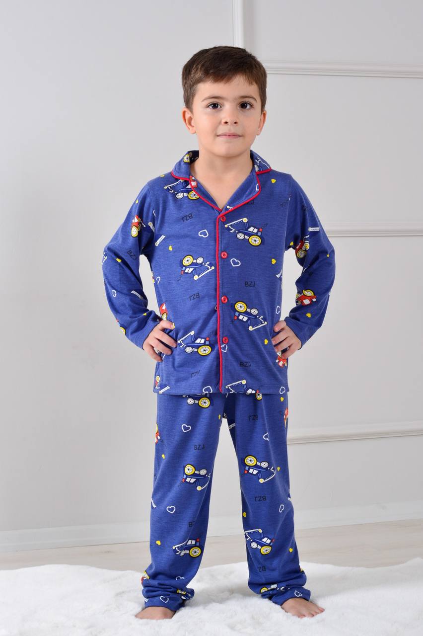 PJKÖ Kepçe Desenli Lacivert Uzun Kollu Önden Düğmeli Erkek Çocuk Pijama Takımı 4-12 Yaş 710U