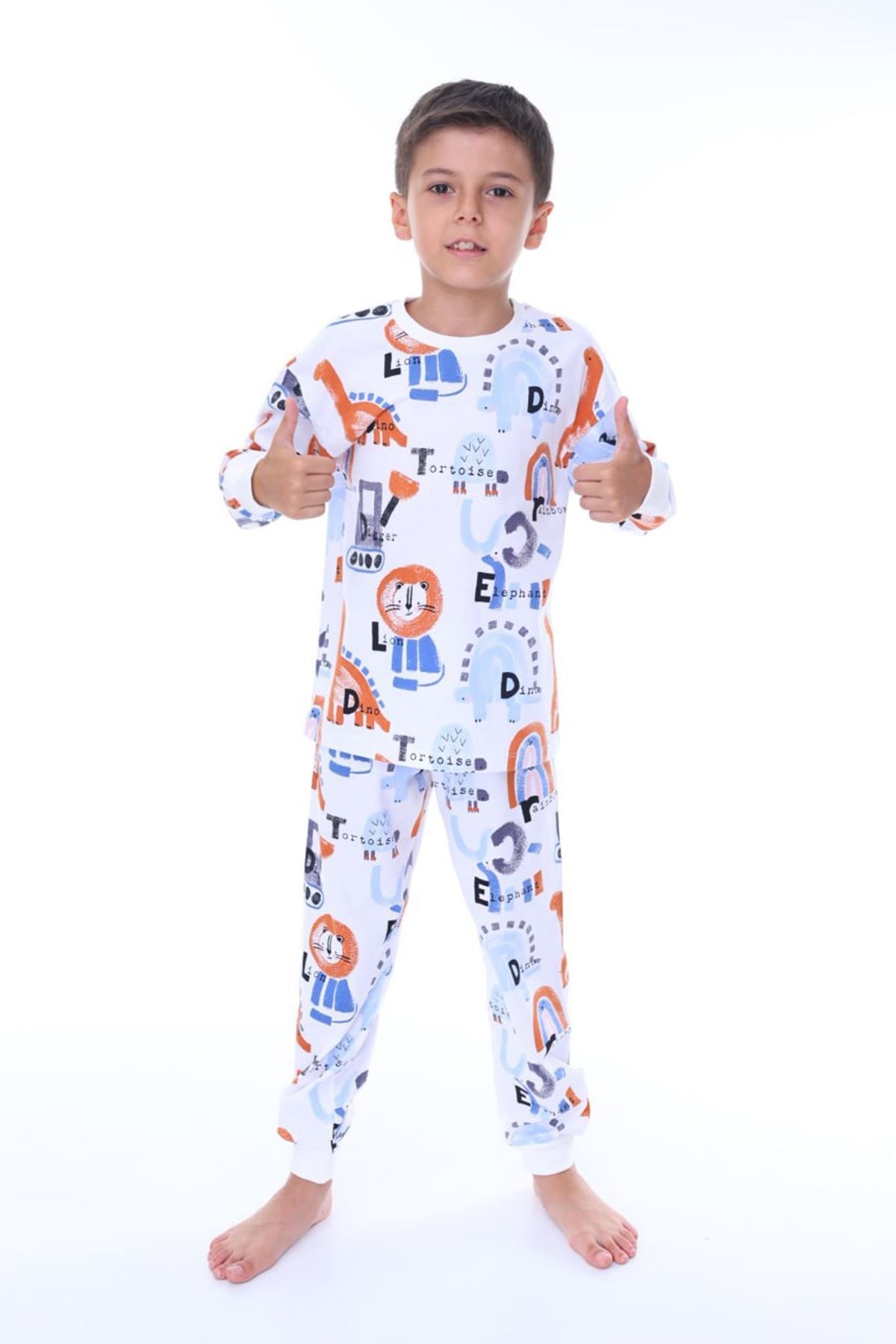 İSOB Beyaz Dinazor Desenli %100 Pamuk Erkek Çocuk Pijama Takımı 3-8 Yaş 32207-B