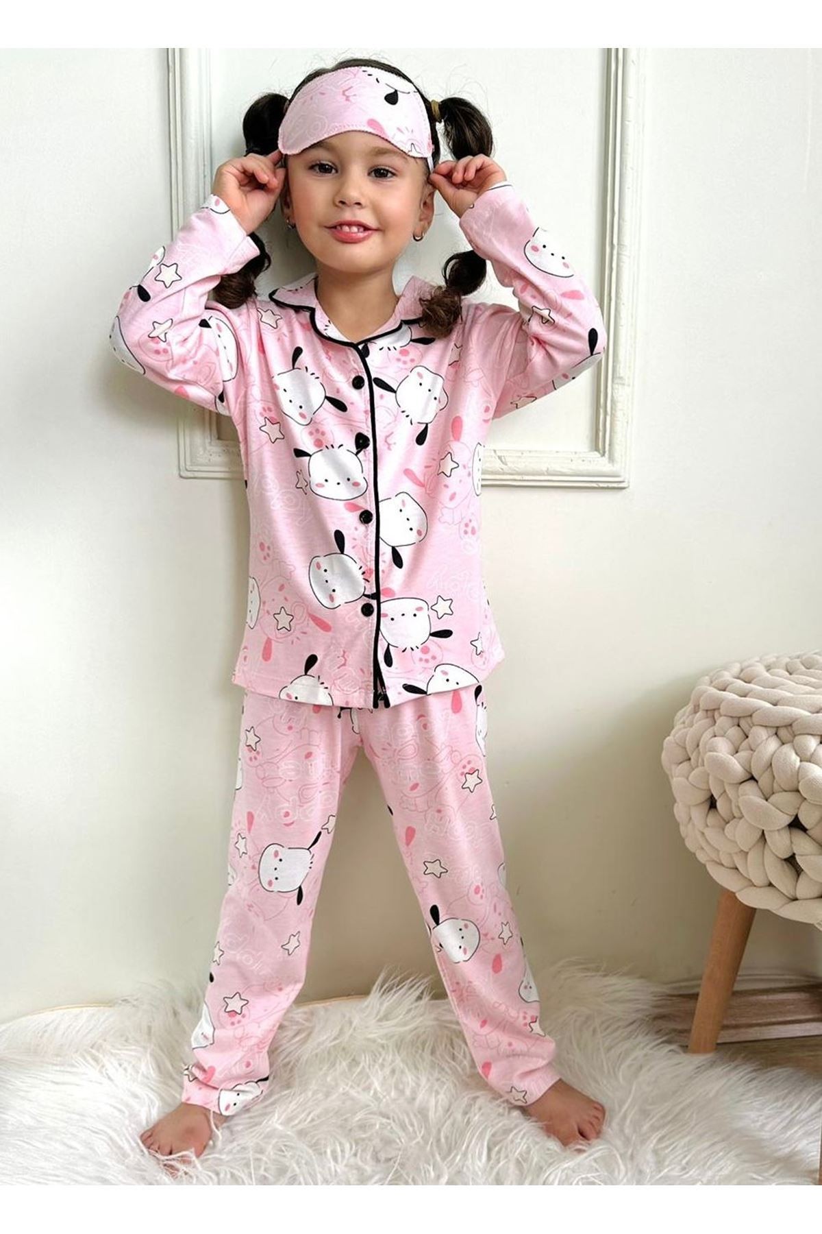 PJKÖ Ayıcık Desenli Pembe Uzun Kollu Önden Düğmeli Kız Çocuk Pijama Takımı 4-12 Yaş 721U