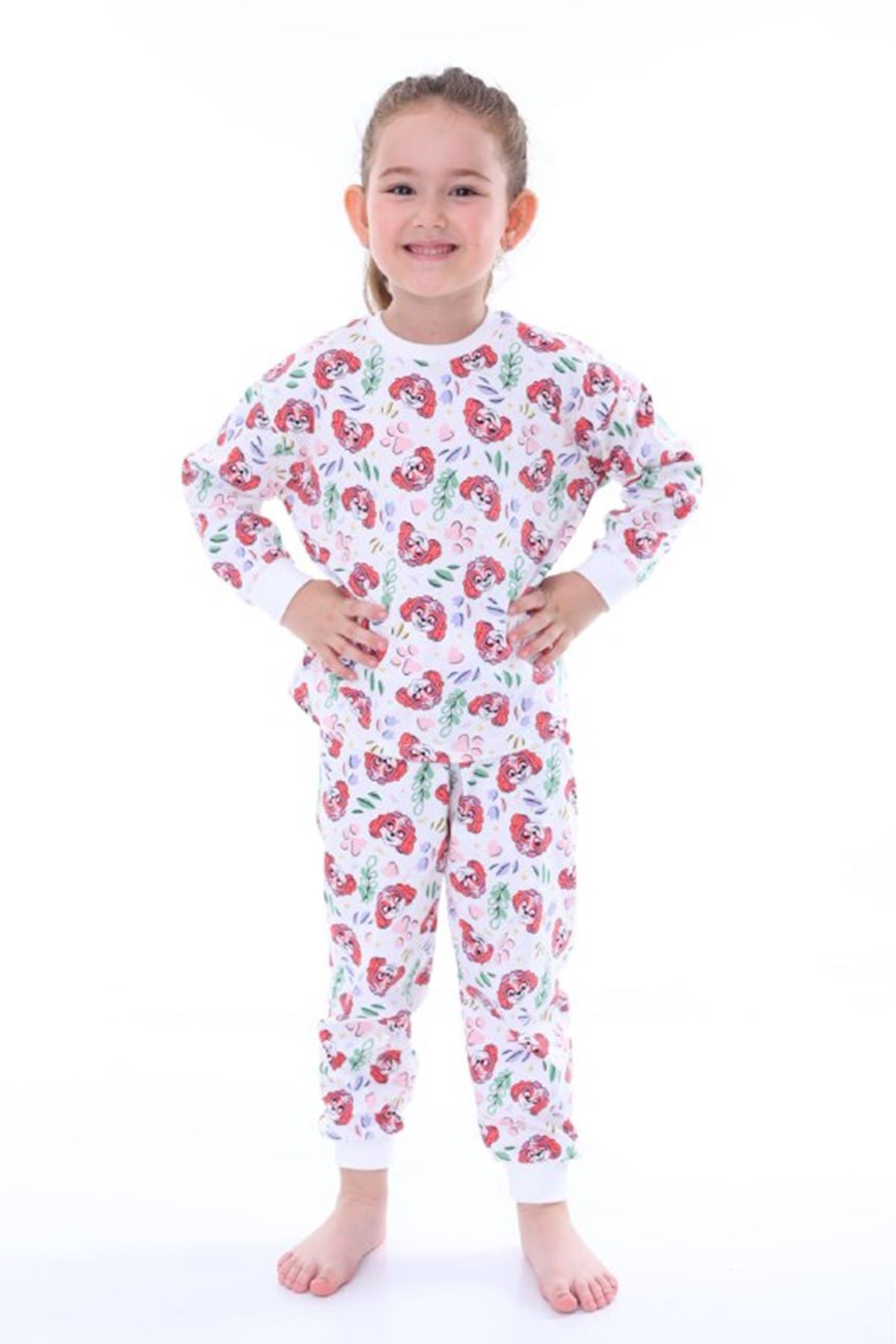 İSOB Ekru Paw Petrol Desenli %100 Pamuk Kız Çocuk Pijama Takımı 3-8 Yaş 31206-E