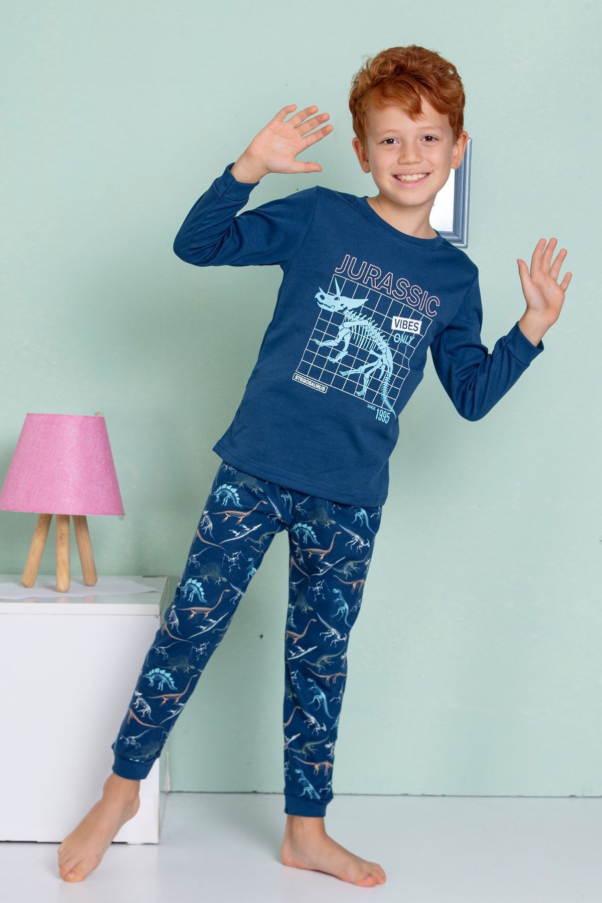 ELMP Lacivert Dinazor Desenli %100 Pamuk Erkek Çocuk Pijama Takımı 1-13 Yaş 3068