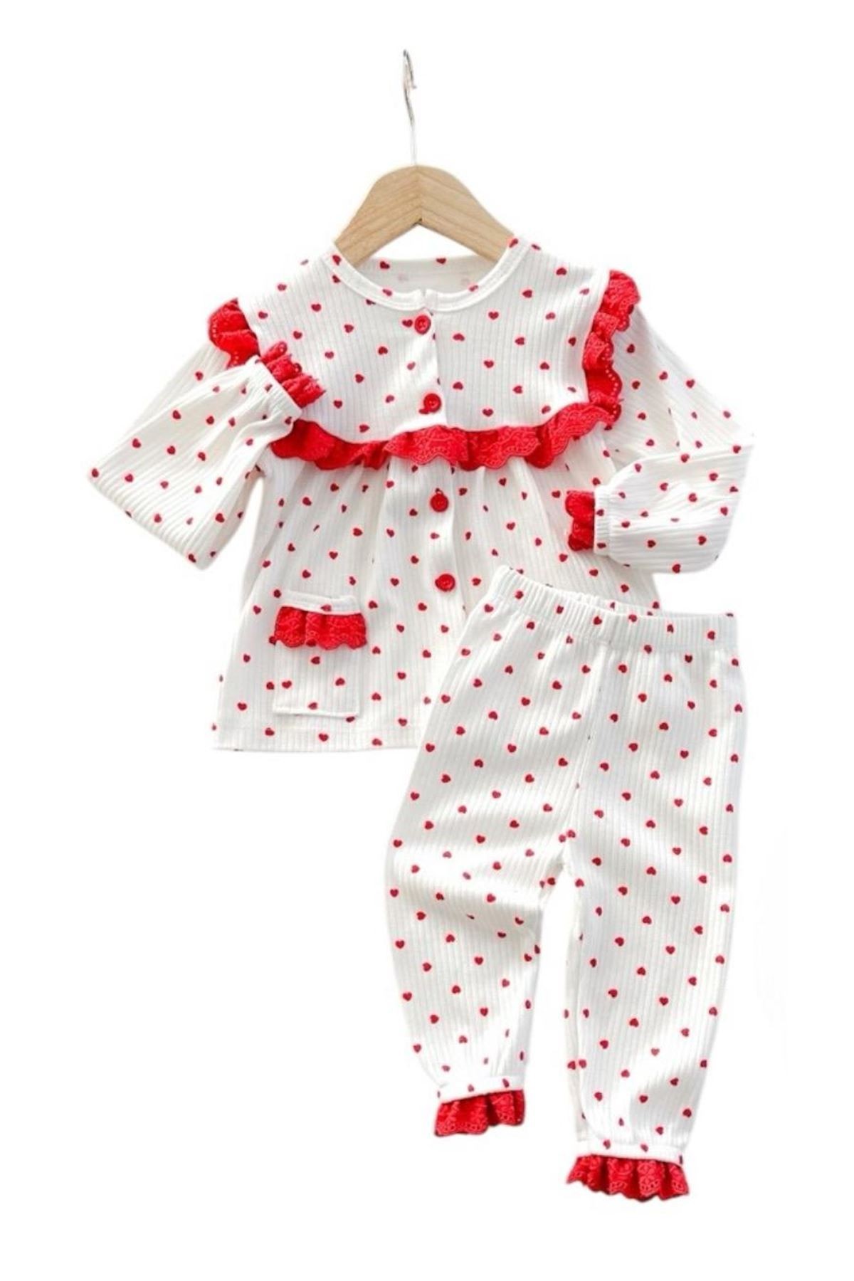 DLŞP Ekru Kırmız Kalp Desenli %100 Pamuk Bebek Pijama Takımı 1078-E