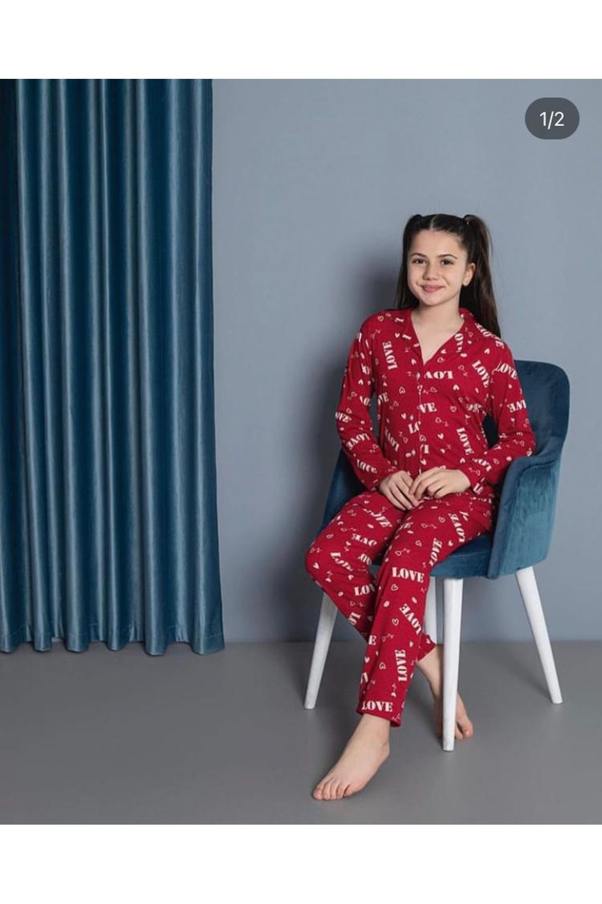 Işılay Selen Garson Bordo Love Desenli Uzun Kollu Önden Düğmeli Kız Çocuk Pijama Takımı 7-14 Yaş 38004