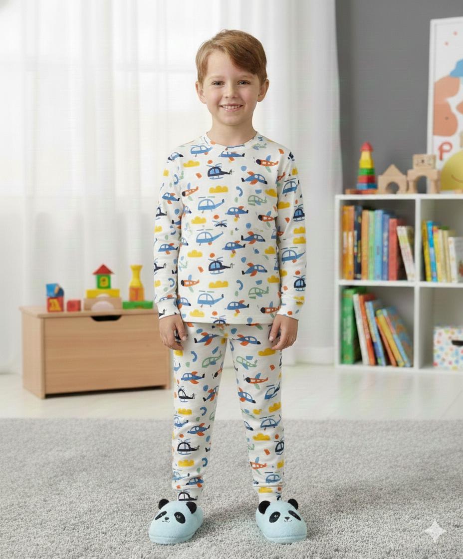 İSOB Helikopter Desenli İnterlok %100 Pamuk Erkek Çocuk Pijama Takımı 3-13 Yaş 42004