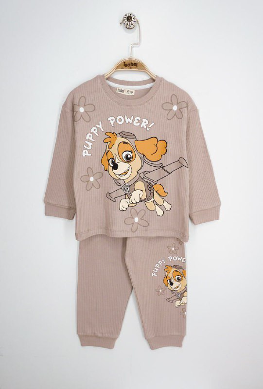 İSOB P.Petrol Desenli Fitilli Kumaş %100 Pamuk Kız Çocuk Pijama Takımı 3-8 Yaş 31225 - BEJ