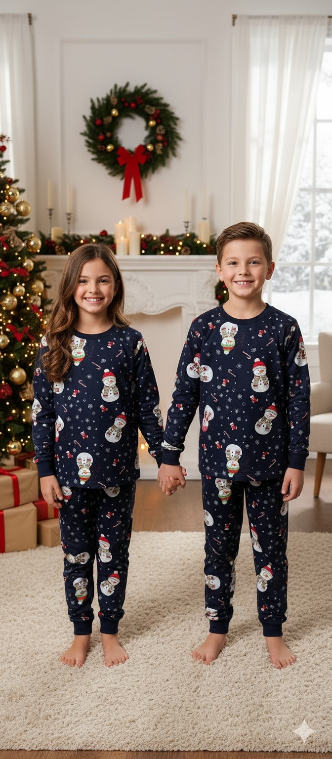 İSOB Lacivert Yeni Yıl Desenli %100 Pamuk Kız ve Erkek Çocuk Pijama Takımı 3-13 Yaş 42228-L