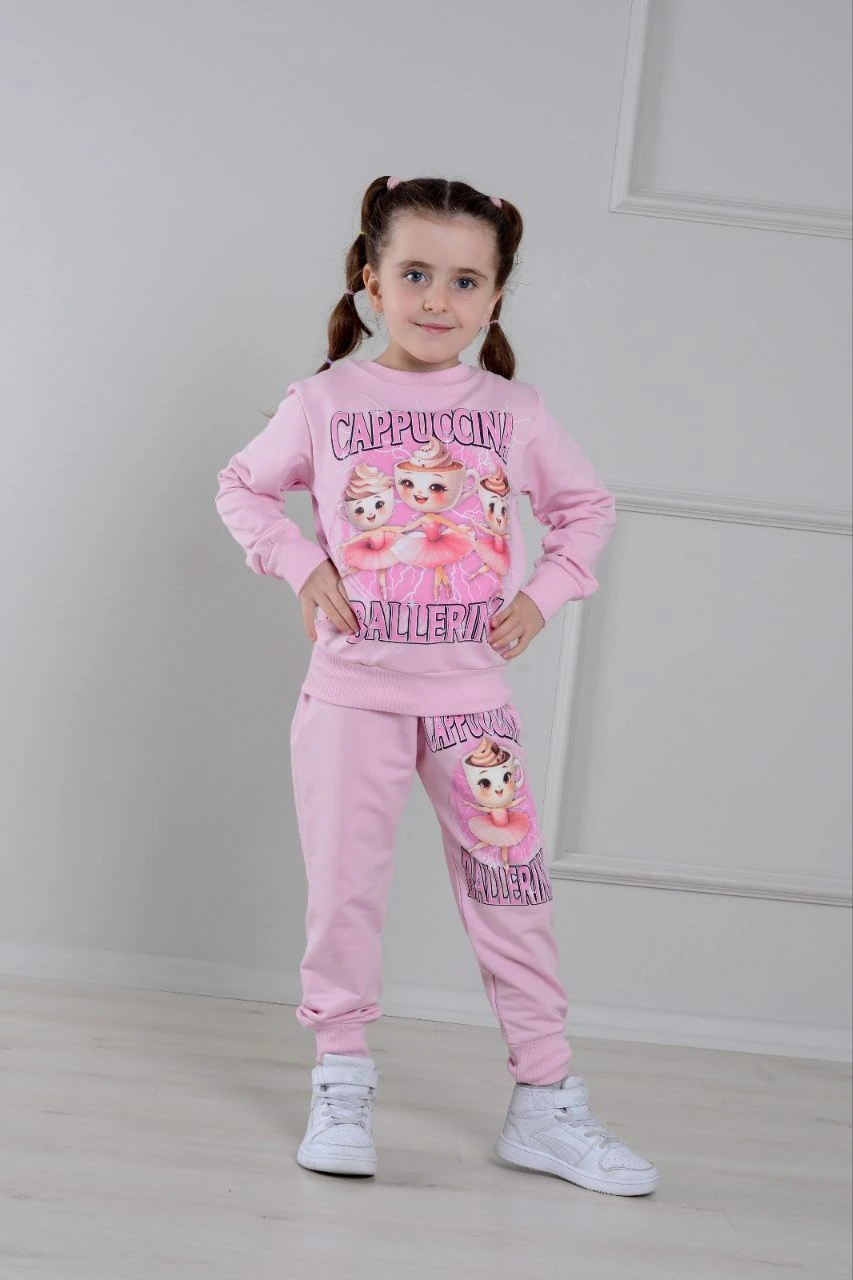 PJK2İ Cappuccına Desenli 2 İp %100 Pamuk Kız Çocuk Eşofman Takımı 3-10 Yaş 6412 - PEMBE