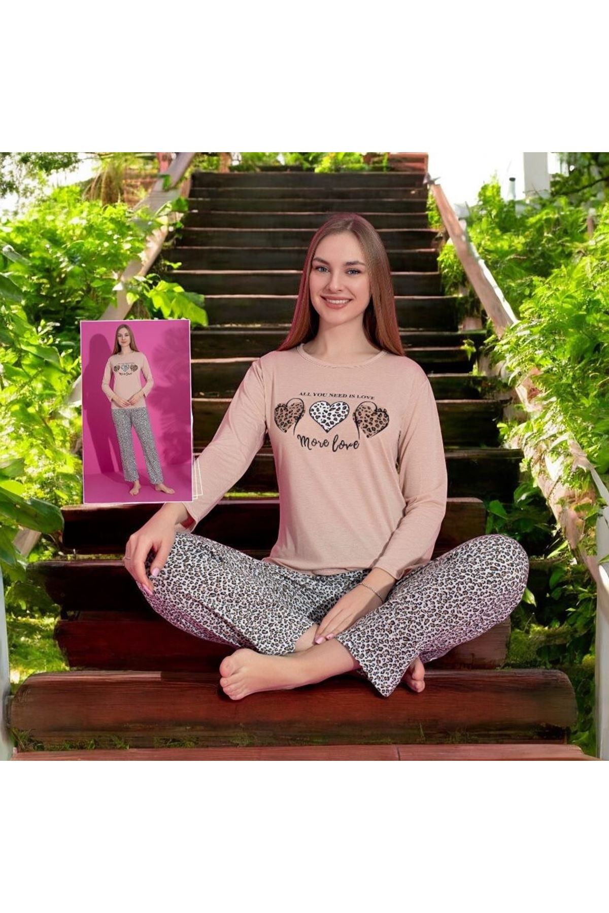 MLALE Leopar Kalp Desenli Suprem Kumaş Uzun Kollu Bayan Pijama Takımı 1498-L