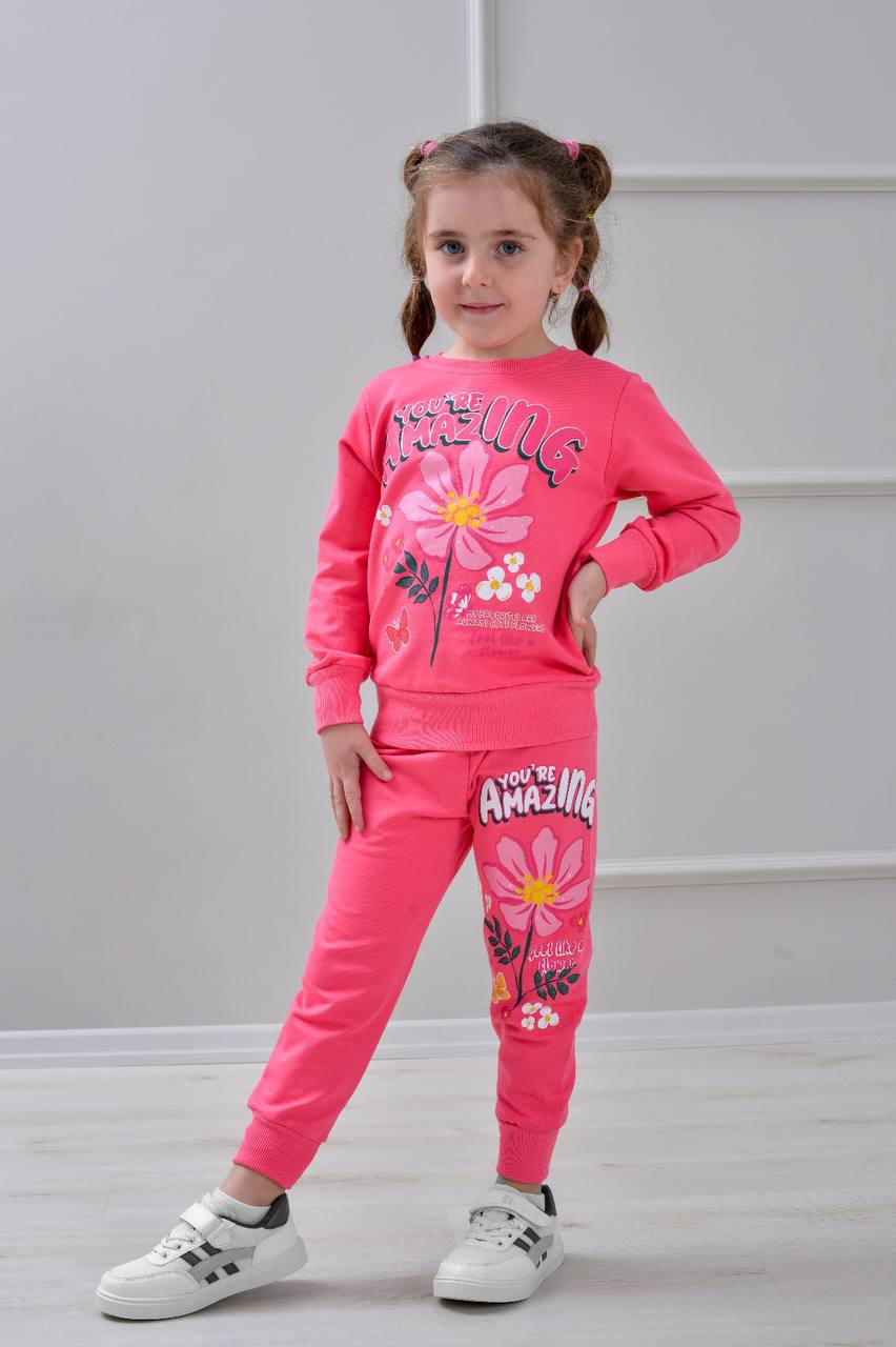 PJK2İ Amazıng Çiçek Desenli 2 İp %100 Pamuk Kız Çocuk Eşofman Takımı 3-10 Yaş 6411 - FUŞYA