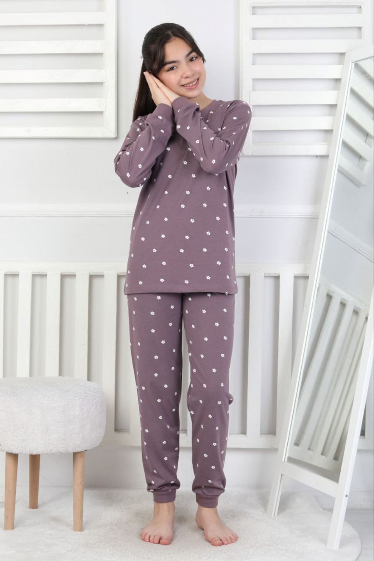 İSOB Mor Çiçek Desenli %100 Pamuk Kız Çocuk Pijama Takımı 8-13 Yaş 51401-M