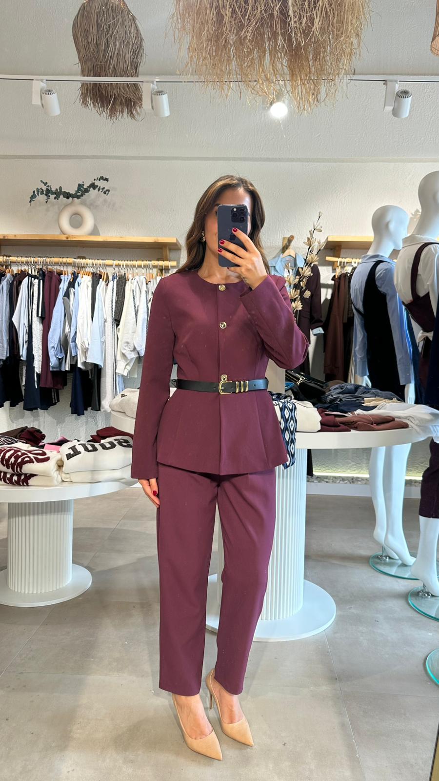 Gold Düğmeli Kemerli Blazer Ceket Pantolon Takım - bordo