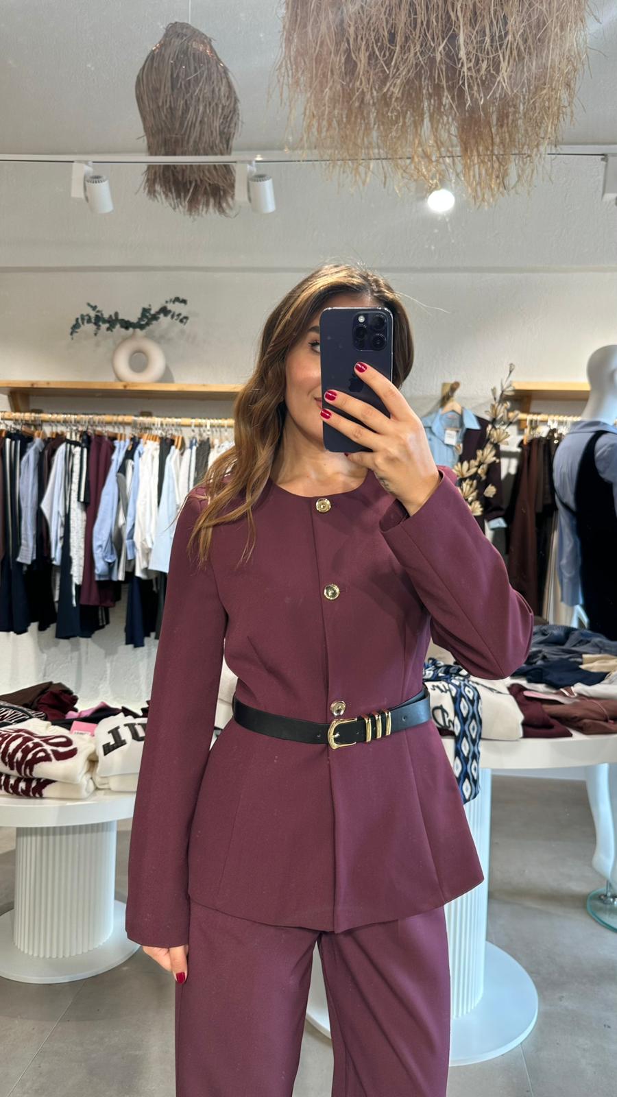 Kemerli Ceket Pantolon Takım  - BORDO